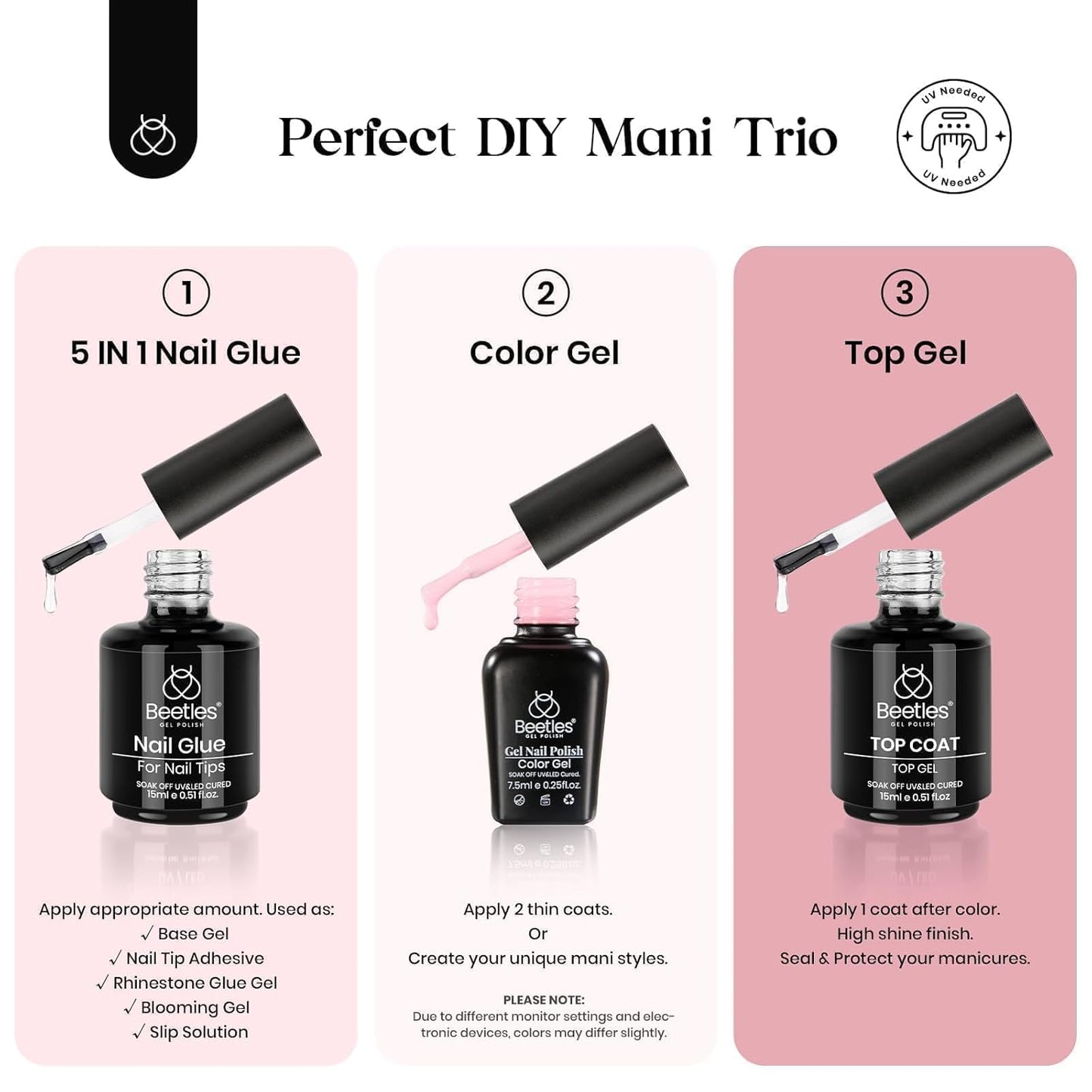 Beetles Gel Nail Kit Clear, Almond Medium, 600pcs 15 Sizes, with Pink Color Gel Top Coat 9 in 1 Glue Mini Nail Lamp, Fall Nails, Full Cover Easy Nail Extension Set for Home DIY Salon Gift for Women