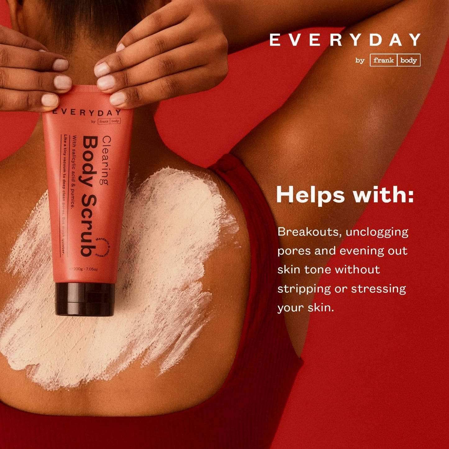 Frank Body Clearing Body Scrub | With Salicylic Acid, White Clay & Niacinamide to Purify Pores, Fight Breakouts & Oily Skin | Mandarin & Cedarwood Scent | Vegan & Cruelty Free | 200g