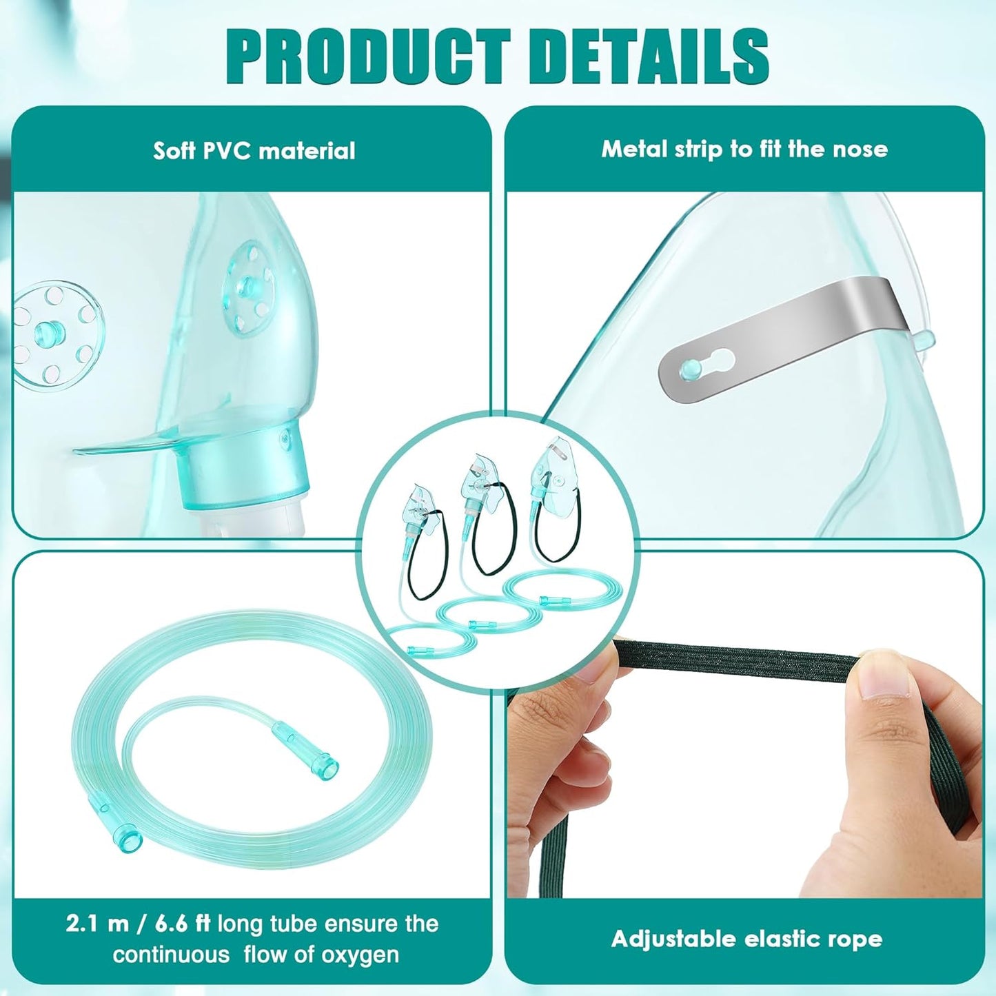 Geiserailie 3PCS S/M/L Size Oxygen Mask for Adult with 6.6 Ft Tubing and Adjustable Elastic Strap, Adult Oxygen Mask with Tubing for Connecting