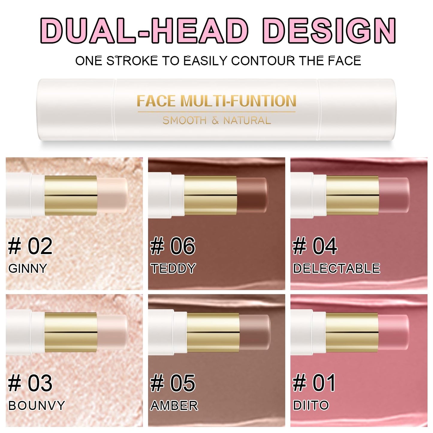 6 Colors Cream Contour Stick Makeup Kit, Shades with Highlighter Stick, Blush Stick and Double-End Bronzer Stick for Sculpt the Cheeks, Waterproof,Dewy & Matte Finish for Beginners (6 COLORS SET A)