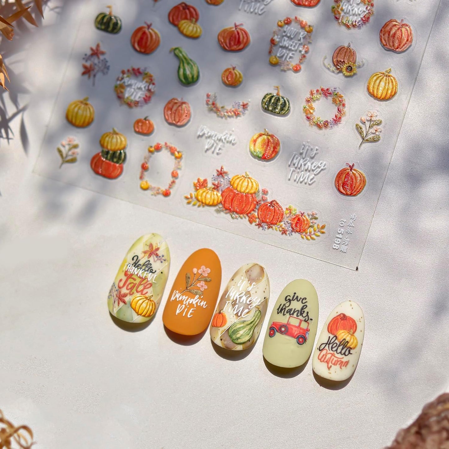 1 Sheets Embossed Pumpkin Nail Decals for Nail Art Thanksgiving Day Fall Nail Stickers 5D Self-Adhesive Autumn Leaf Nail Art Stickers Cute Pumpkins Nail Decal for Women DIY Manicure Decor
