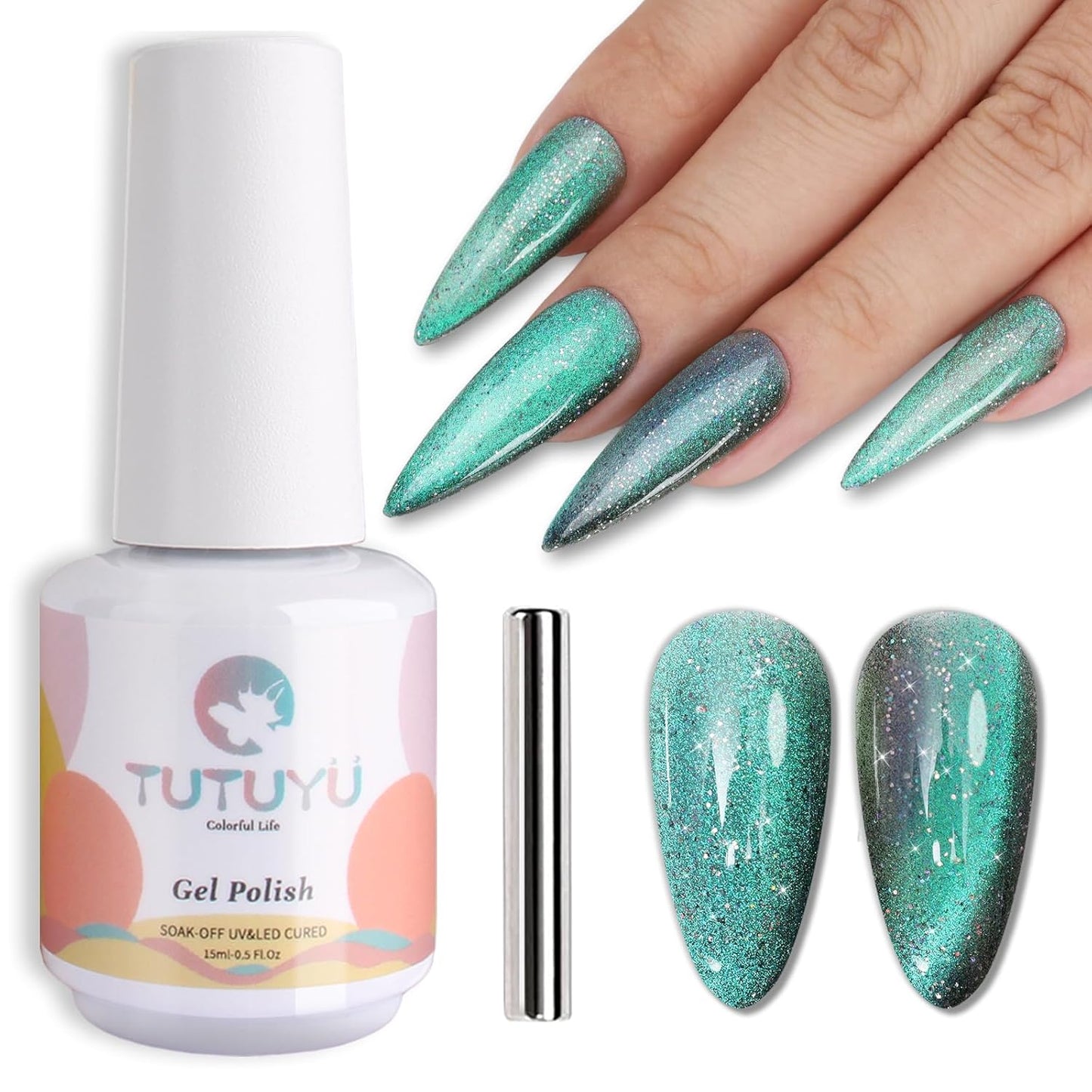 Aurora Green Cat Eye Gel Nail Polish,Iridescent Quicksand Galaxy Holographic Cateye Green Gel Polish with Magnet, Shimmer Velvet Soak Off Uv Led Home Diy Manicure GP0103