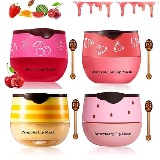 4Pcs Honey Lip Balm Honey Pot Strawberry & Propolis Balm Honey Lip Mask Hydrate Moisturizing Repair Prevent Lip Care Moisturizing Lip Balm Set