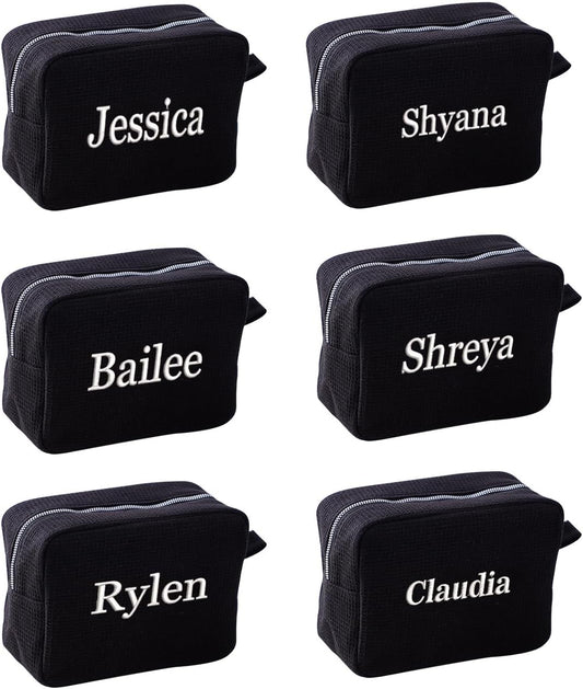GOPHIE Personalized Embroidered Makeup Bag,Custom Waffle Fabric Cosmetic Pouch for Women, Travel Makeup Pouch (6, Black)