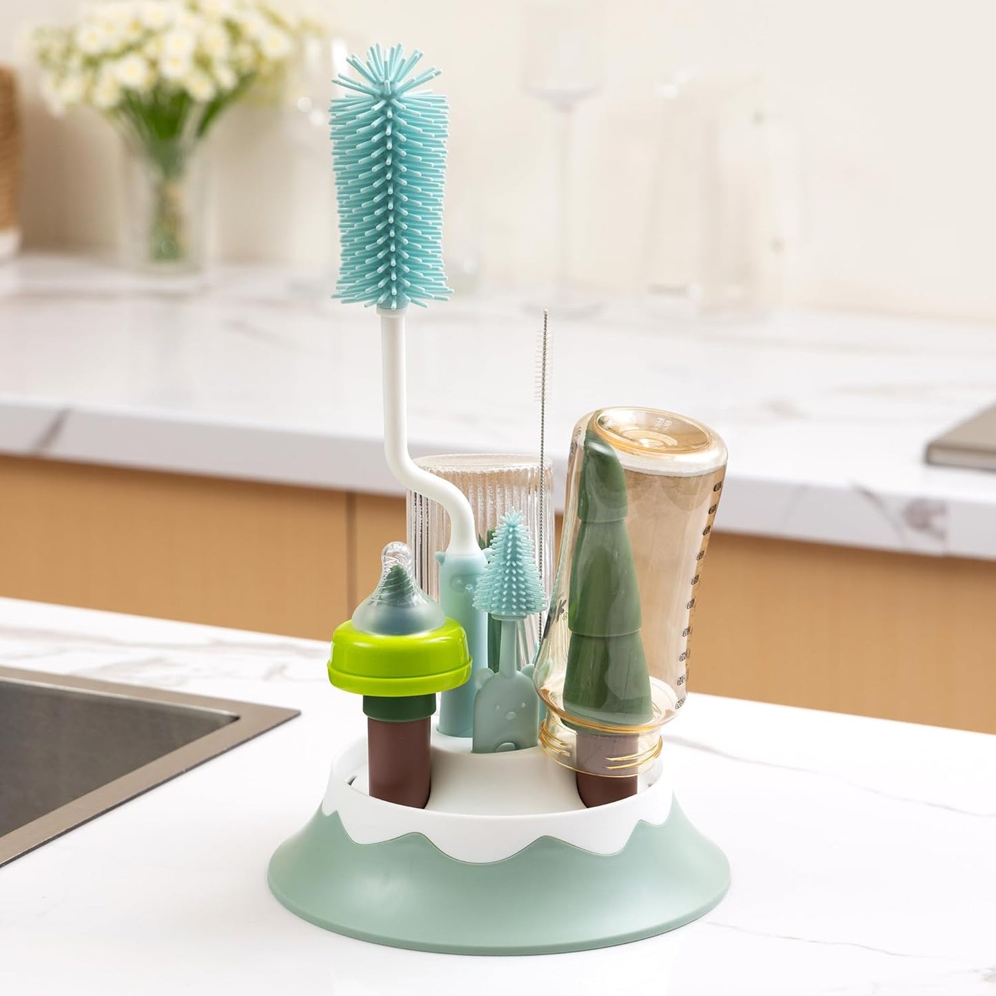 Baby Bottle Drying Rack and Cleaning Set, with Spinning Silicone Baby Bottle Brush, Pacifier Brush, Straw Brush, Cup Lid Cleaning Brush, 2025 Xmas Holiday Surprise Gift for Newmom, Blue