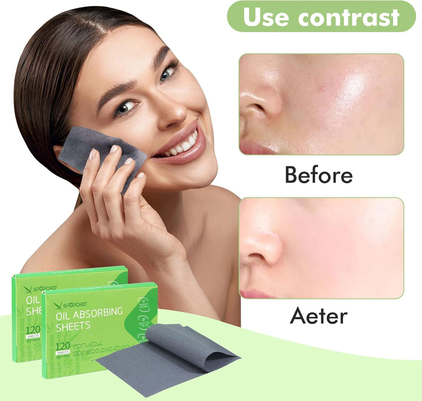 Oil Absorbing Sheets with Bamboo Charcoal - 2 Pack (240 sheets) Oil Blotting Sheets For Face, 20% More Makeup Friendly High-performance Handy Face Blotting Paper for Oily Skin