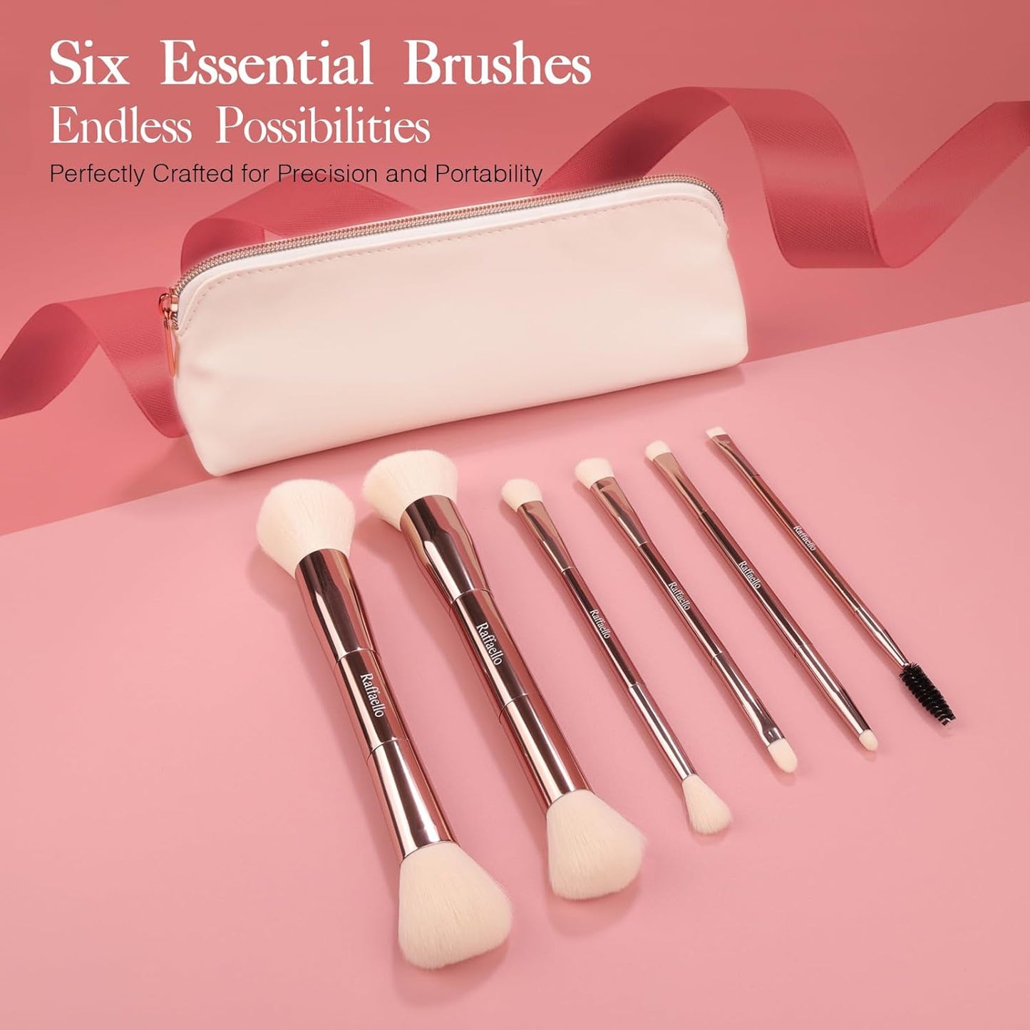 Raffaello 6-in-12 Dual-Ended Makeup Brushes Set, Sustainable Rose Gold Brushes with Recycled Materials, Includes White Faux Leather Pouch, Professional Face & Eye Makeup Kit for Travel and Daily Use