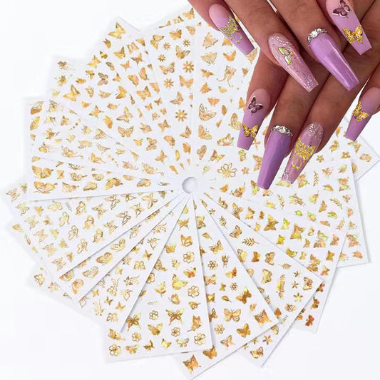 16 Sheets Butterfly Nail Art Stickers Decals 3D Self-Adhesive Gold Metallic Butterfly Nail Stickers Holographic Butterflies Design Nail Art Supplies for Women Acrylic Nail Art Decoration Accessories