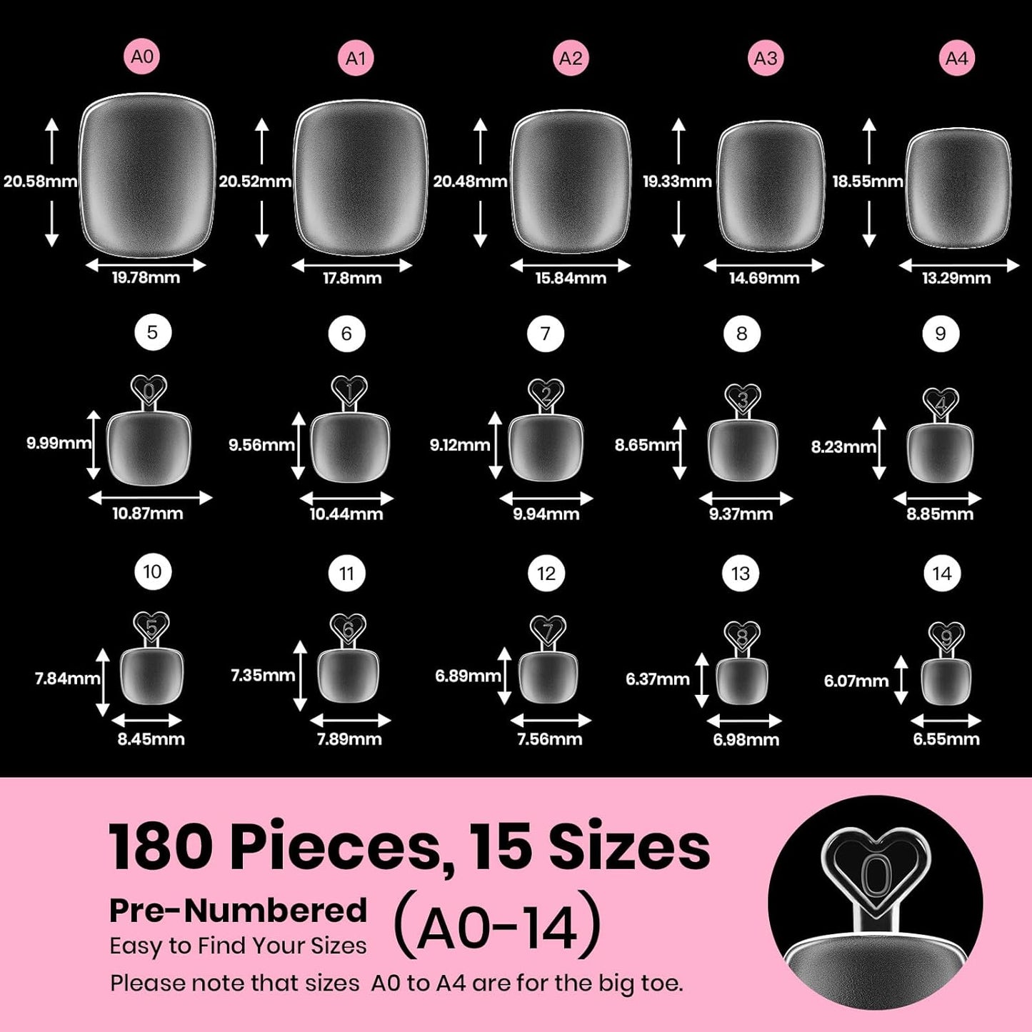 Beetles Toe Nail Tips Square for Big Toes - 15 Sizes 180 Pcs Long Wider Full Cover Toenail Tips Fake Acrylic Pre-etched Double Matte Nail Extensions, Press on Toe Nails for Wide Nail Beds