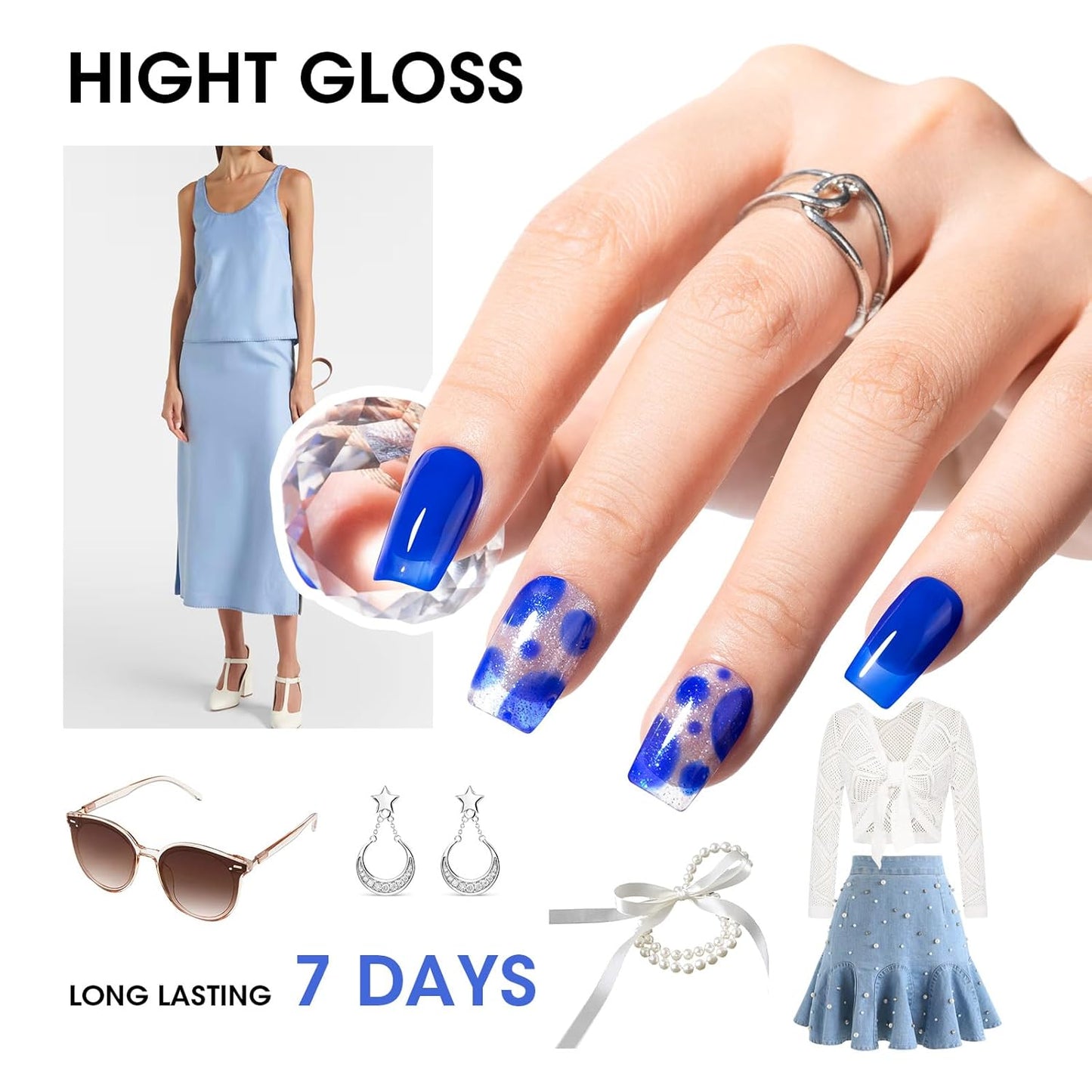 Gellen Blue Jelly Nail Polish, Sheer Nail Polish Quick Dry Summer 6 Colors Blue Glitter Set, Natural Traditional Regular Nails Polish for Acrylic Natural Nails Home Salon, No Gel, Hema Free, Non-toxic