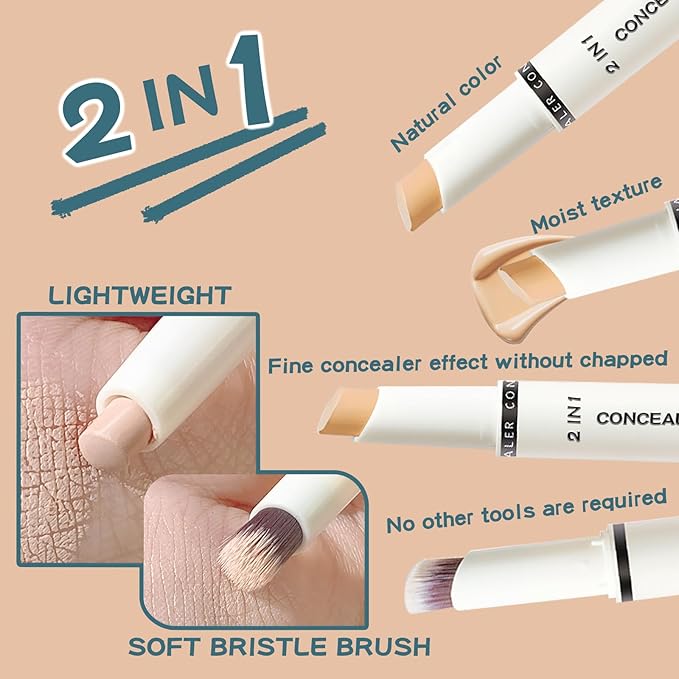 Concealer Stick Full Coverage, Cream Color Corrector Makeup, Dual Ended Conceal Pen with Brush, Waterproof Matte Eraser Dark Circles, Blemish, Pores, Spots Buildable for All Skin Types- Natural