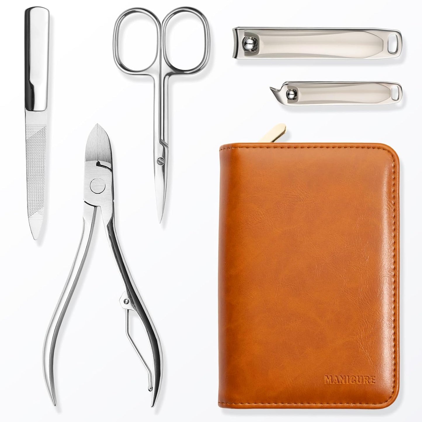 FAMILIFE Professional Manicure Set, Manicure Kit, Nail Clippers Set, Stainless Steel Orange Pedicure Tool, Nail Kit with Portable Leather Travel Case Luxury Gifts for Him