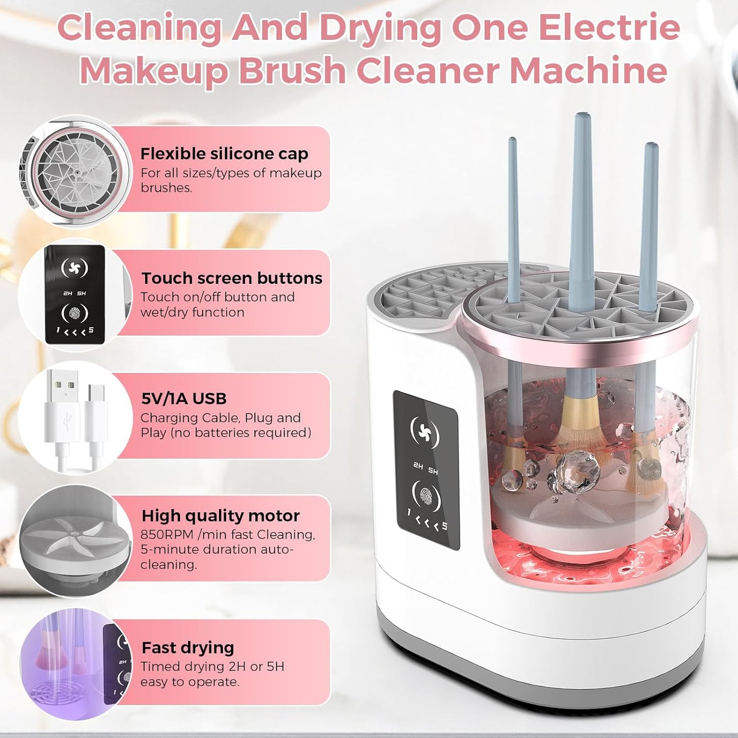 THEMARS 3 IN 1 Electric Makeup Brush Cleaner Machine With Dryer, USB Portable Automatic Cosmetic Brushes Cleaner