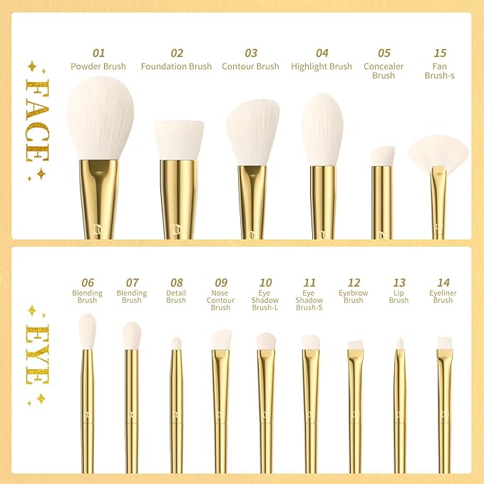 DUcare Makeup Brushes 15Pcs Makeup Brush Set with Holder Premium Synthetic Powder Foundation Contour Blush Concealer Eye Shadow Blending Liner Make Up Brush Kit gold-silver