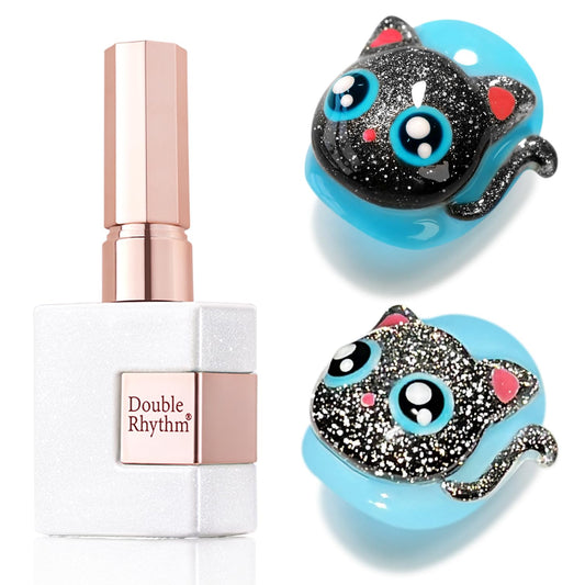 Double Rhythm Jelly Glass Cat Eye Gel Polish with Magnet 15ML Holographic Glitter Shimmer Translucent Sheer Color Magnetic Nail Polish Salon DIY at Home (Black Glitter-MC1061)