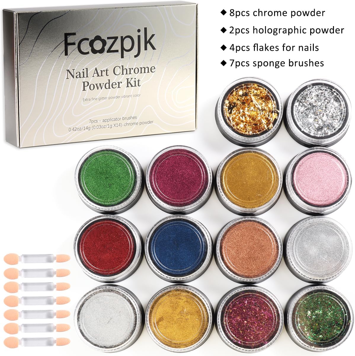 Chrome Nail Powder Set 14 Colors Pink Blue Silver Metallic Effect Mirror Powder for Nails with Brushes Holographic Pigment Chameleon Flakes for Nails Gold Leaf Decoration Nail Supplies