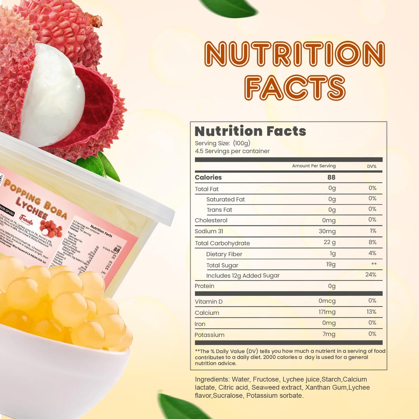 Fanale Popping Boba Pearls for Bubble Tea - 2 lb (1 lb X 2) | Lychee | Bursting Boba Pearls Bubble 450g X 2 | Fruit Juice Flavor for Shakes, Dessert, Smoothie | FPB006-SP450 X 2