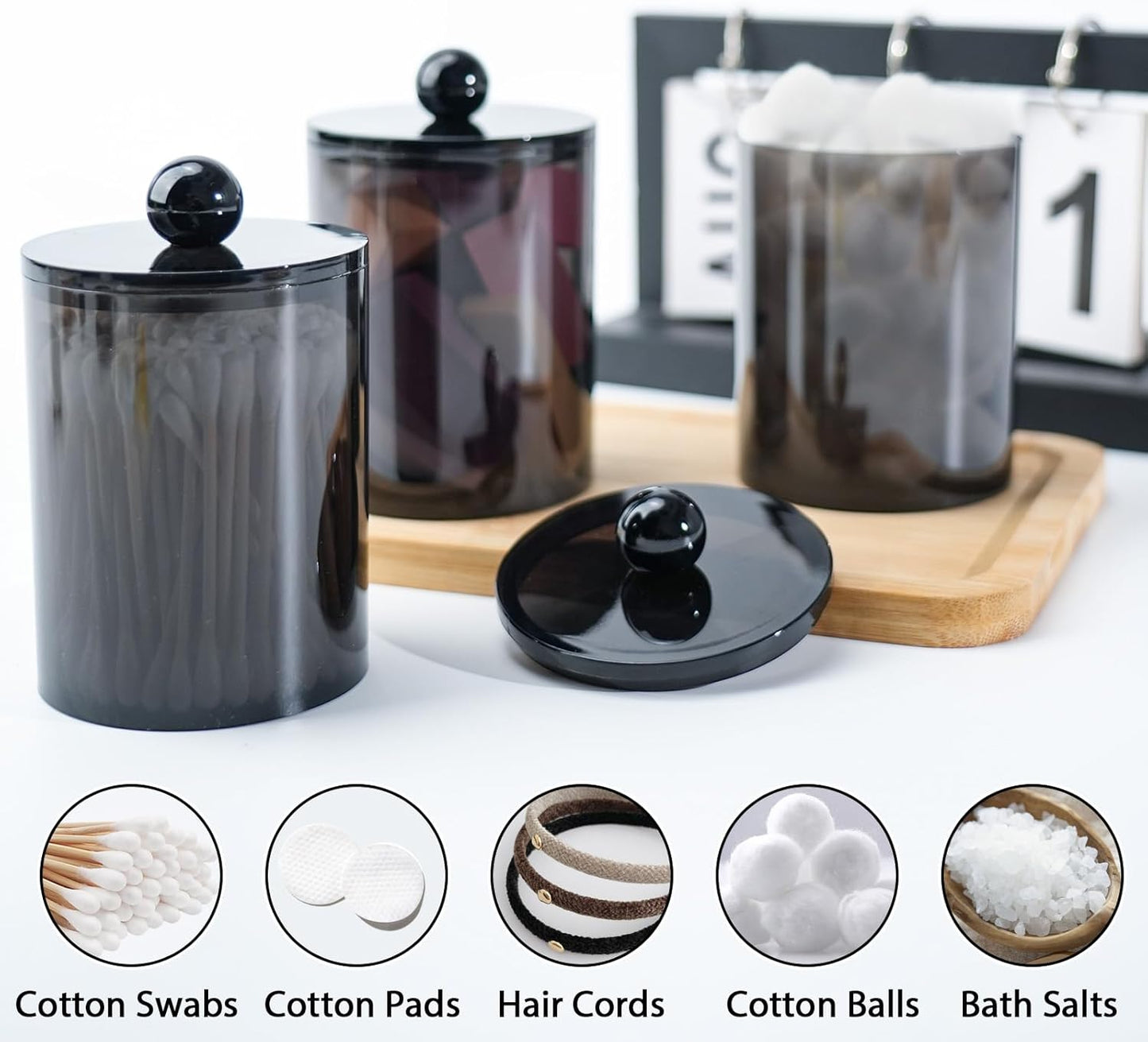 2 Pack Qtip Holder,Canister Apothecary Jar Set, Bathroom Jars with Lids Set for Cotton Swabs, Balls, Pads, Floss Picks,10oz-12oz Plastic Canisters Restroom Bedroom Vanity Organizer(Black)