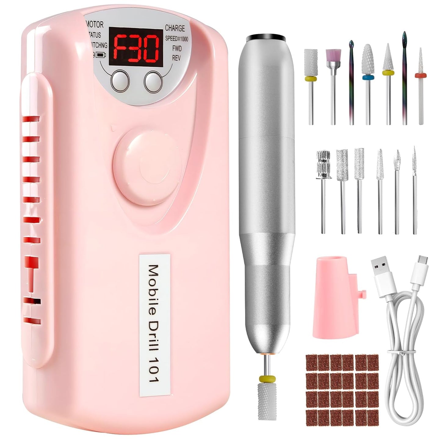 Electric Nail Drill Portable Nail Drill Professional 30000 RPM 13 Salon Quality Drill bits 50 Sanding Bands Portable & Low Noise for Acrylic Nails Gel Polishing Removing Bits Kit for Home Use