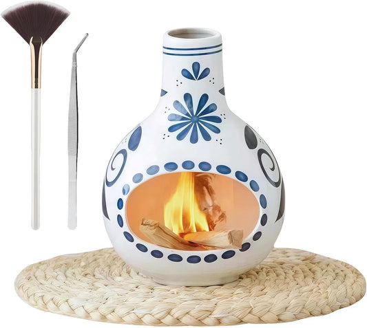 Handmade Ceramic Palo Santo Holder Burner & Sage Holder - Mini Tabletop Chiminea Burner Tray with Ash Catcher, Decorative Incense Holder for Spiritual Meditation & Yoga