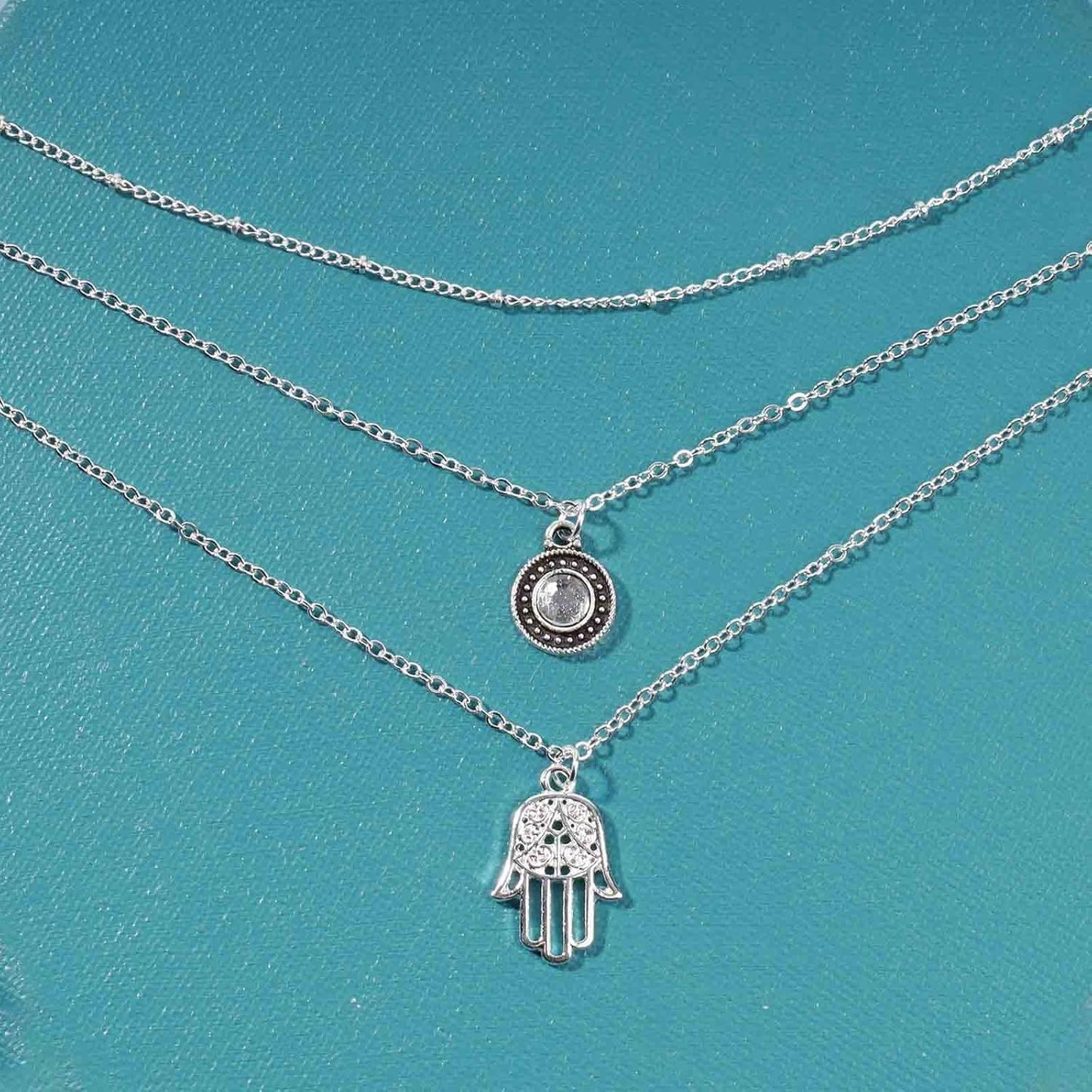 Boho Layered Opal Moonstone Necklace Silver Hamsa Pendant Necklace Futian Hand Necklace Chain Opalite Gem Necklace Jewelry for Women and Girls