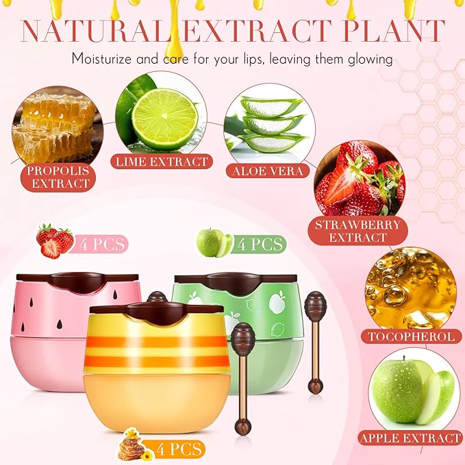12 Pcs Bee Lip Balm Honey Pot with Brush Propolis Lip Mask Overnight, Moisturizing Hydrating Lip Sleeping Mask Prevention Dry and Cracked(Honey+Strawberry+Apple Lime)