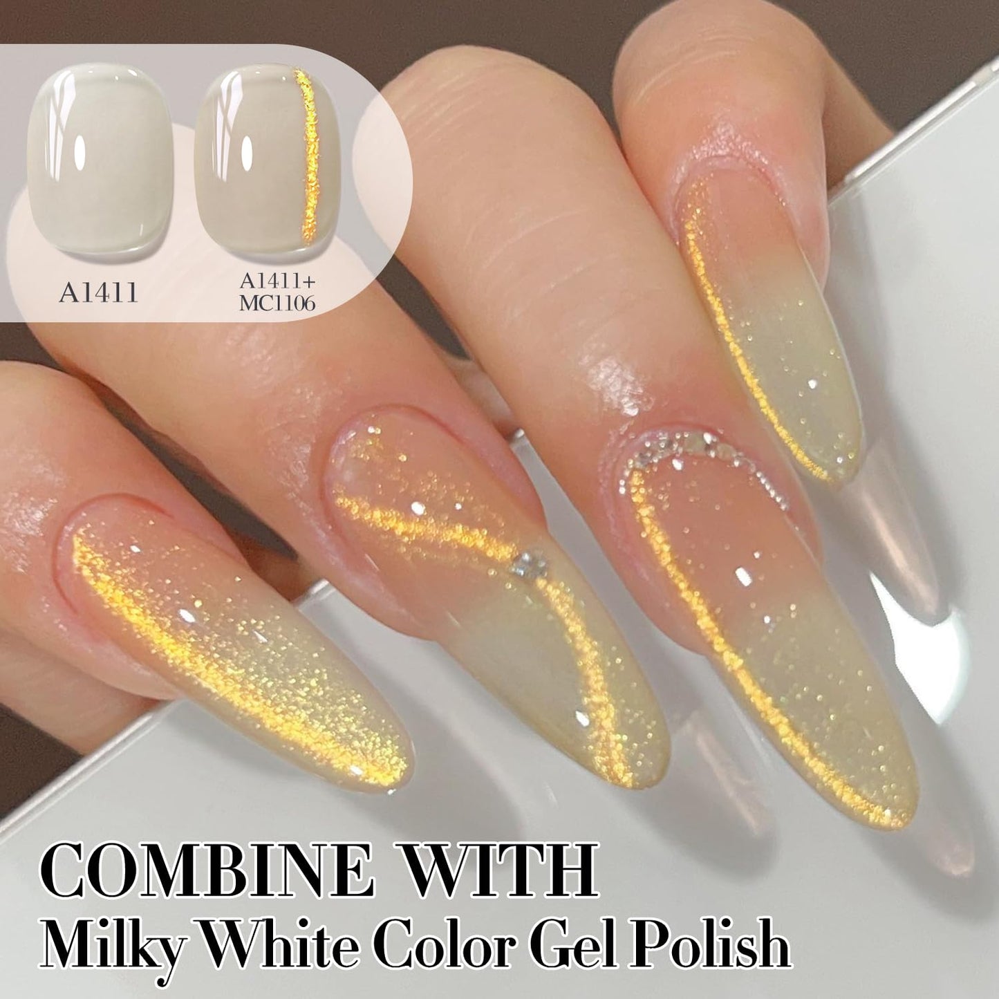Double Rhythm 0.5 OZ Cat Eye Gel Polish with Magnet 15ML Holographic Glitter Shimmer Translucent Jelly Color Magnetic Polish Salon DIY at Home (Jelly Gold-MC1106)