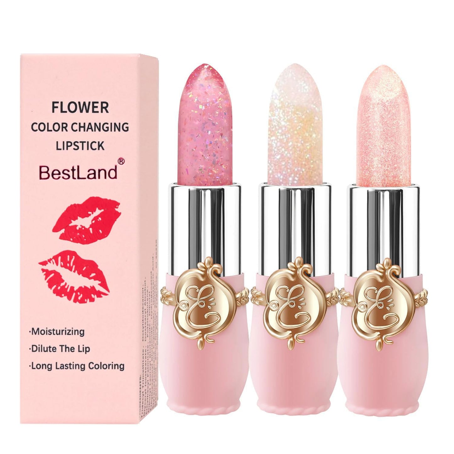 3 Pcs/Set Flower Jelly Lipstick Set Temperature Change Moisturizer Long Lasting Nutritious Glossy Shine Lip Balm Magic Gold Crystal PH Color Change Lip Gloss for Women