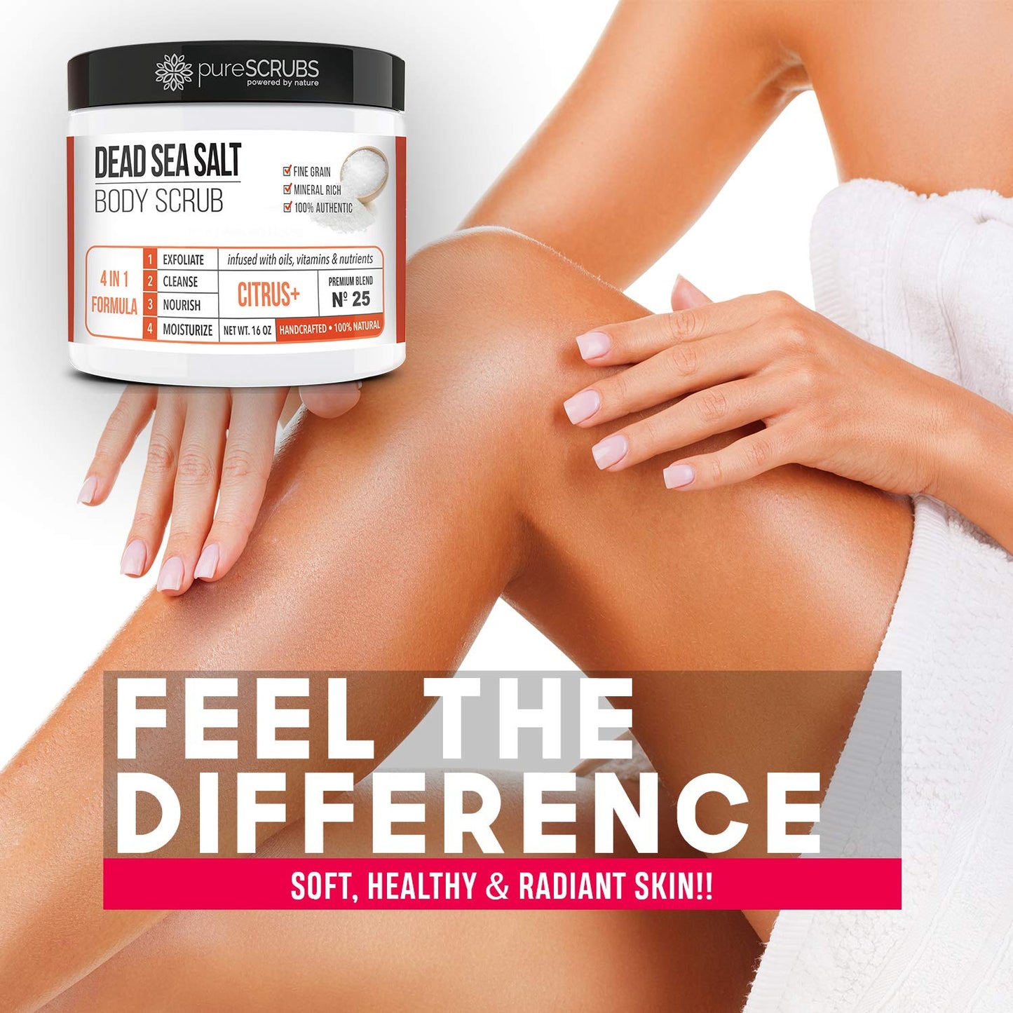 pureSCRUBS Premium Citrus Body Scrub Set - Large 16oz Dead Sea Salt Body Scrub With Infused Essential Oils & Nutrients, Includes Wooden Spoon, Loofah & Oatmeal Exfoliating Bar Soap