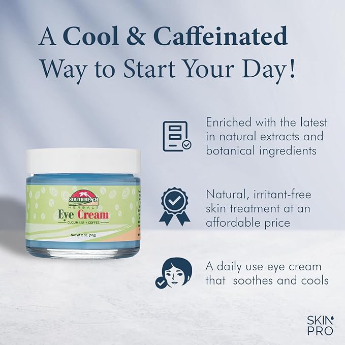 South Beach Herbals Cucumber & Coffee Anti Aging Eye Cream - Brightening and Tightening Anti Wrinkle Under Eye Treatment for Women and Men - Eye Cream for Dark Circles and Puffiness (2 oz.)