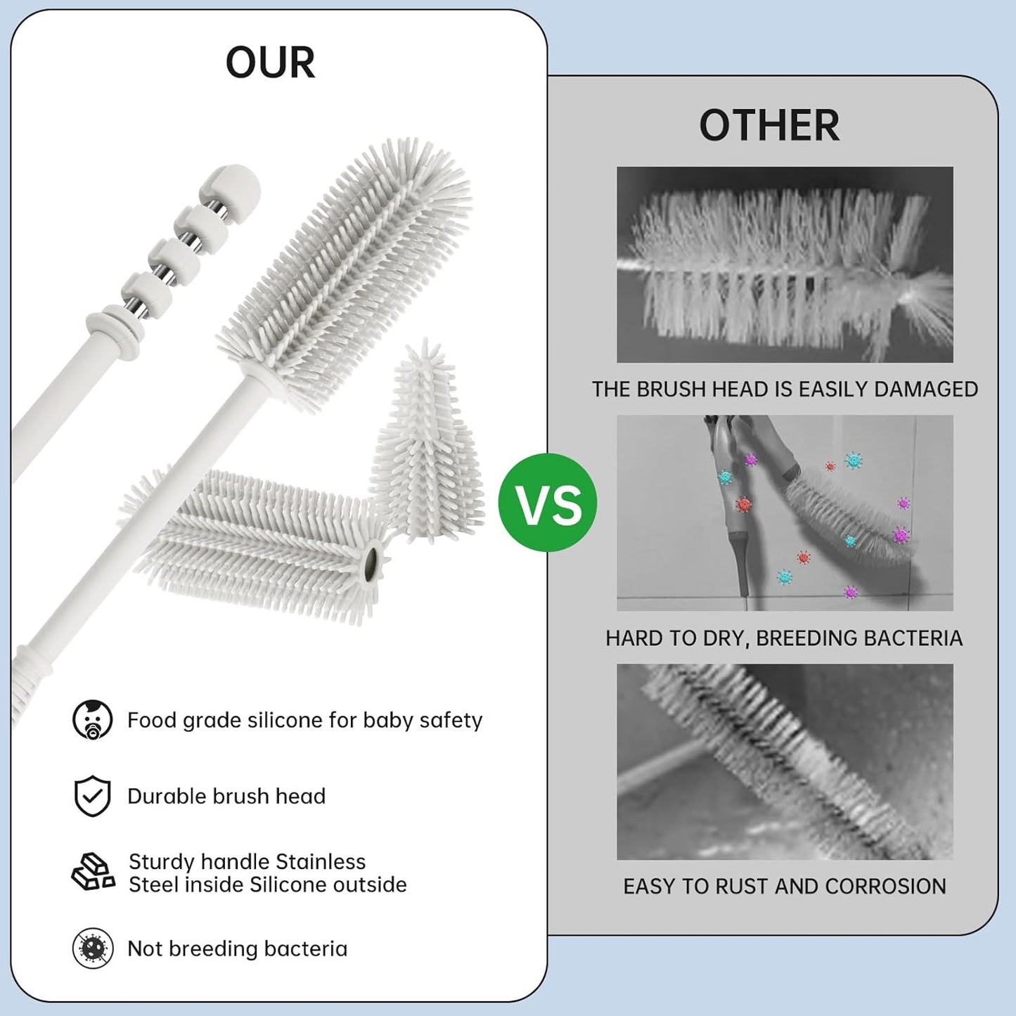 Baby Bottle Brush and Straw Cleaner Brush Set, Extra Long Double-Ended Soft Silicone Brush Cleaner for Baby Bottles, Water Bottles, Cups, Breast Pumps, Detachable & Hangable