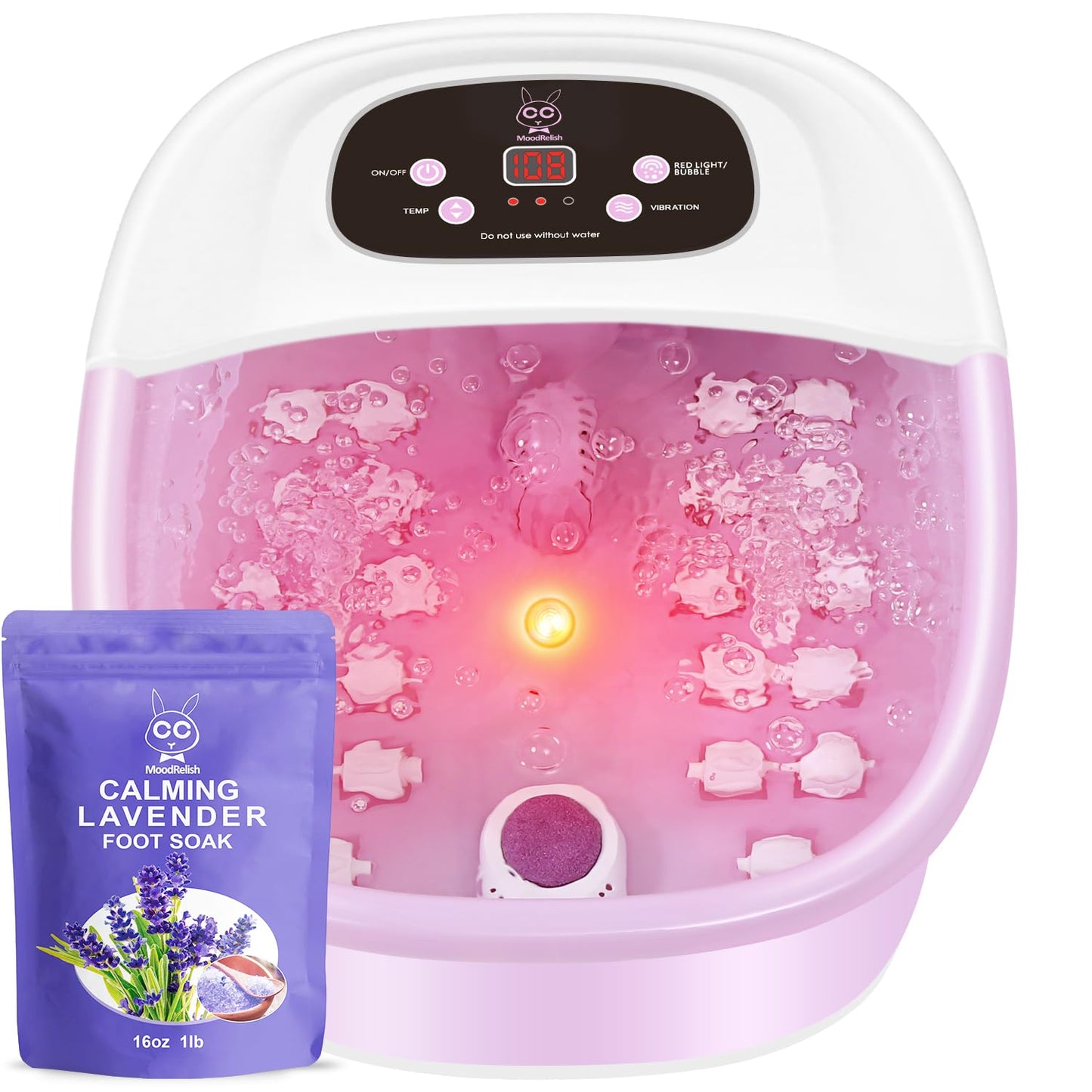 Foot Spa Bath Massager with Heat Bubbles and Vibration Massage and Jets, 16 OZ Calming Lavender Foot Soak Epsom Salt, Foot Soaker with Red Light, 22 Massage Rollers, Adjustable Temp - Pink