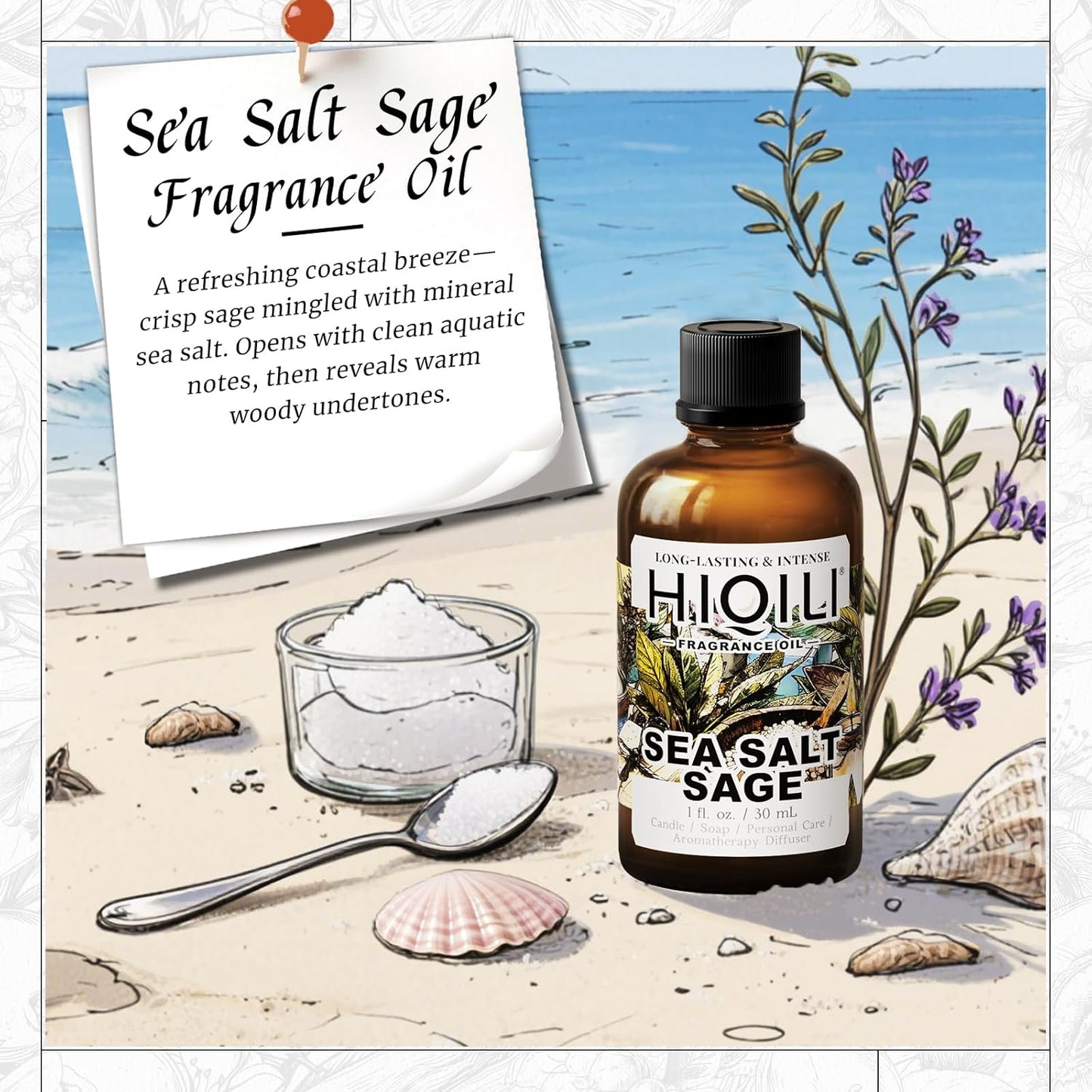 HIQILI Sea Salt Sage Fragrance Oil for Diffuser Use, Candle Making Scents, Soap Making Supplies, Car/Hotel Collection Diffuser Oil - 1 Fl Oz
