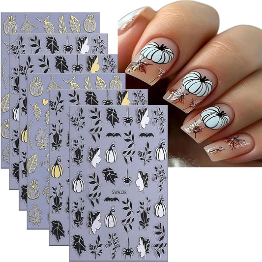 6 Sheets Halloween Nail Art Stickers 3D Self -Adhesive Pumpkin and Leaves Nail Decals Holographic Spider Bat Nail Stickers Halloween Nail Decoration for Women Manicure Supplies