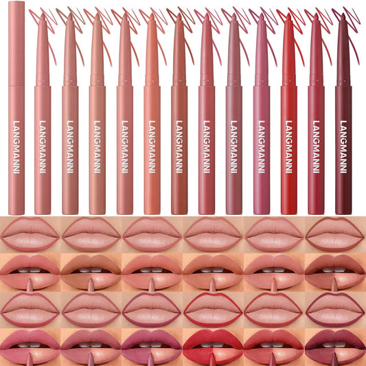 LANGMANNI 12 Colors Sculpting Matte Velvet Lip Liner Set,Smooth Creamy Texture,Waterproof And High Pigmented For Girls Daily Application Lip Makeup