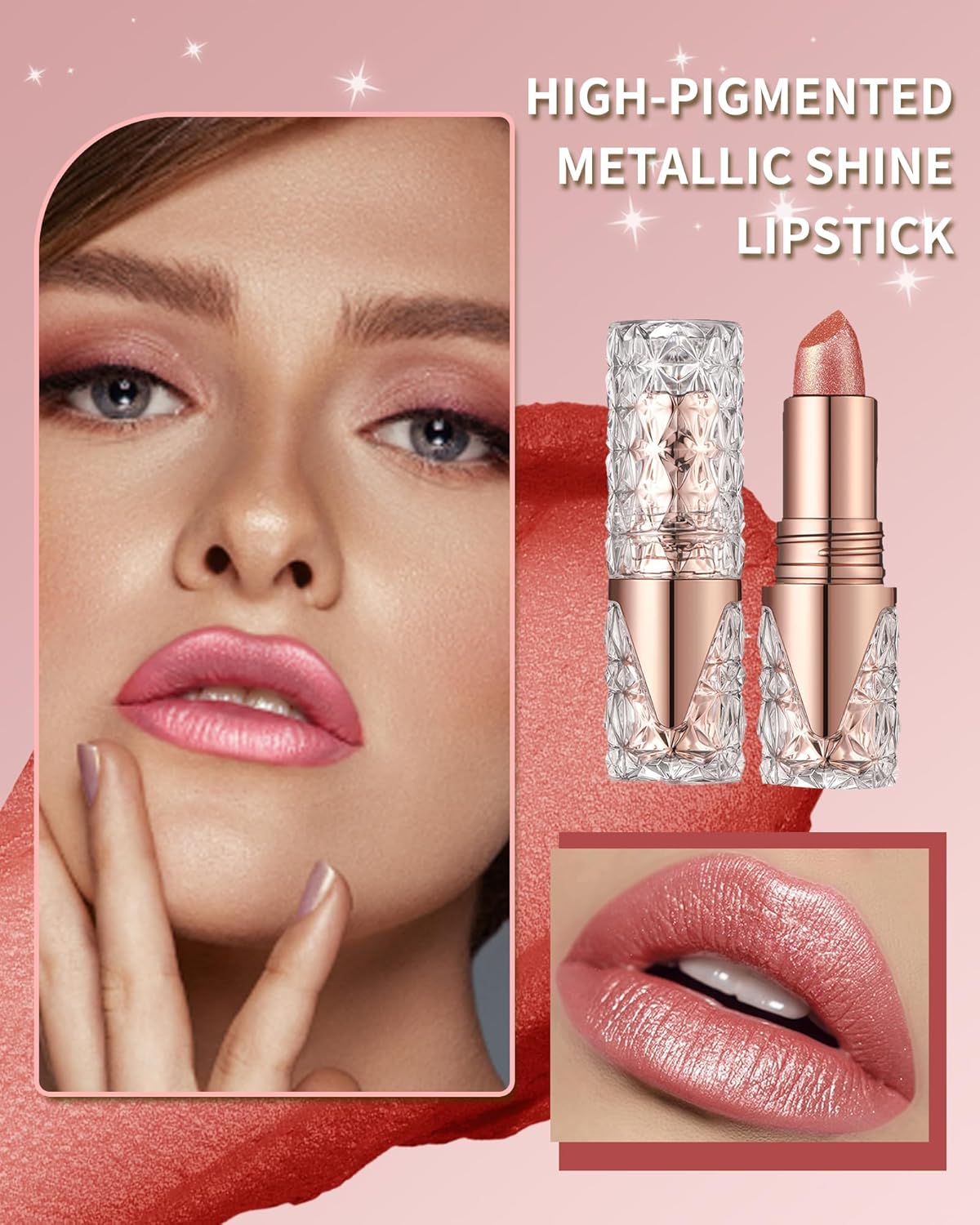 Shimmer Lipstick Long Lasting for Women with Metallic 3D Shine Hydrating Formula, Diamond Nude Glitter Lip Balm Tinted Lip Gloss High Pigmented Lip Color Nonstick Trasferproof Lip Makeup-06