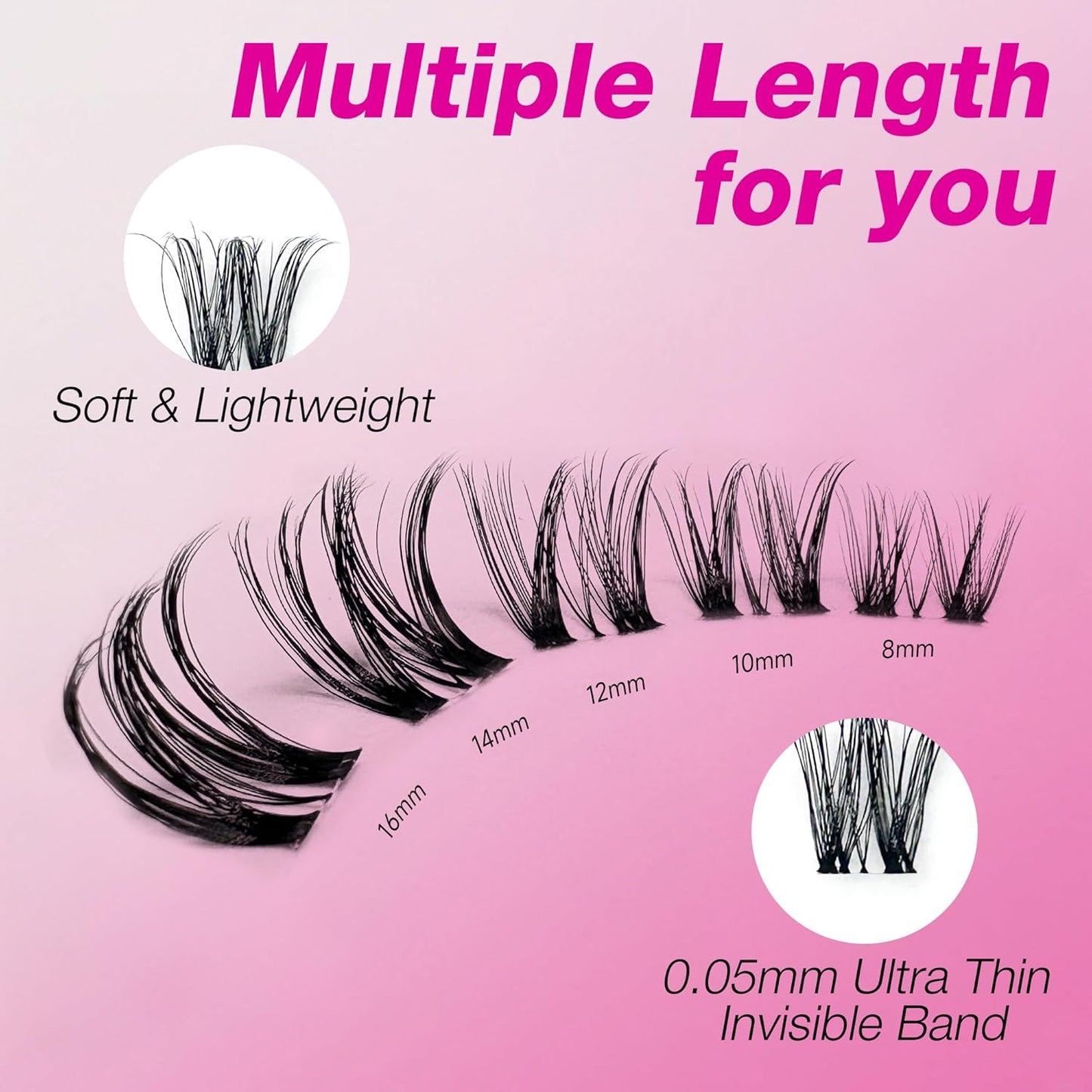VEYESBEAUTY Lash Clusters Individual Eyelash Extensions Thin & Invisible Band DIY False Eyelashes for Self-application Newbie's Five-Second Series Wispy Lash Tray, Ribbon 8-16mm Mixed Length