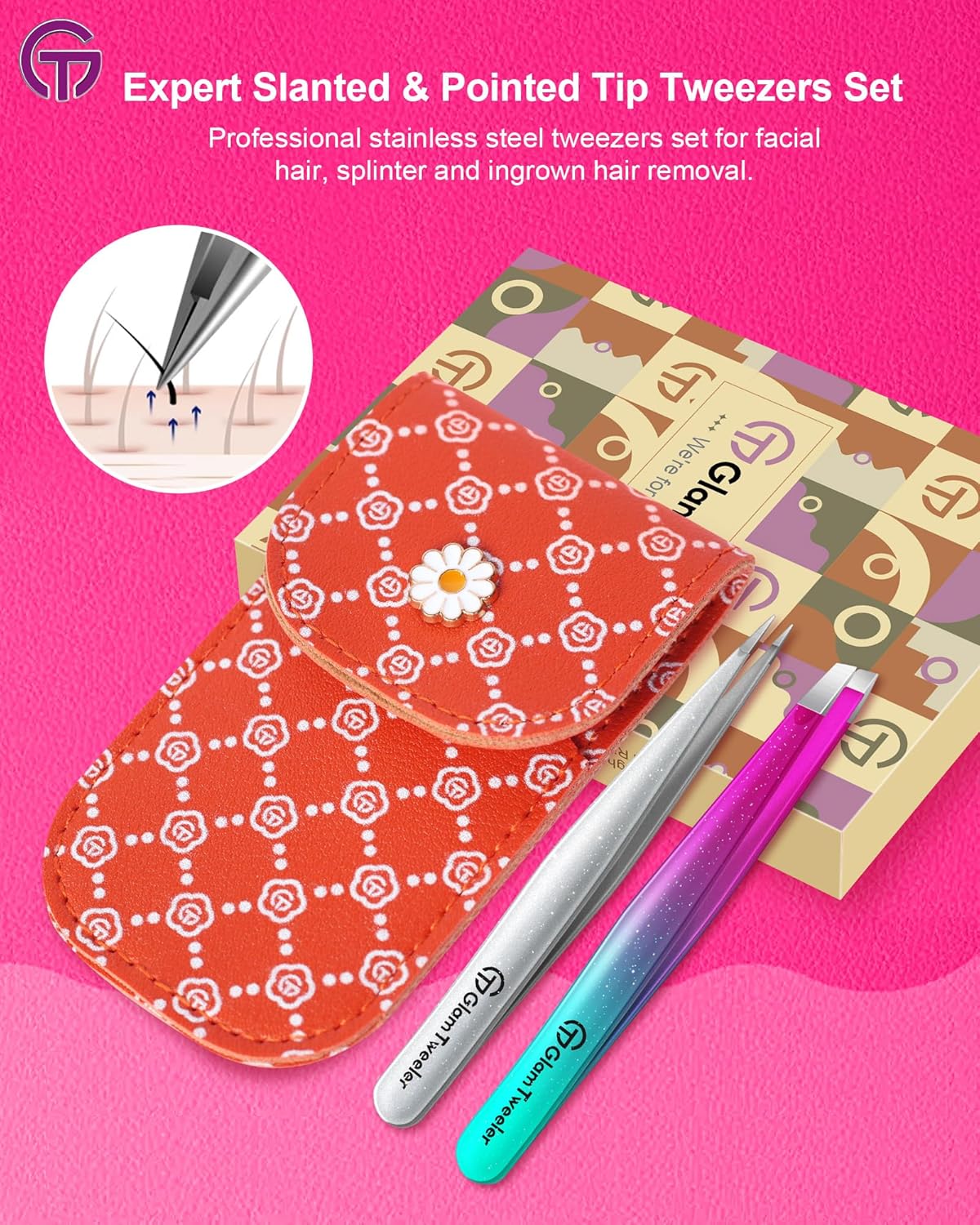 Expert Slant and Point Tip Tweezer Set with Exclusive Travel Case, GlamTweeler Sharp & Precision Tweezer Set for Eyebrows, Facial Hairs & Fine Hairs Removal (Sparkle Purple & Turquoise + Silver)