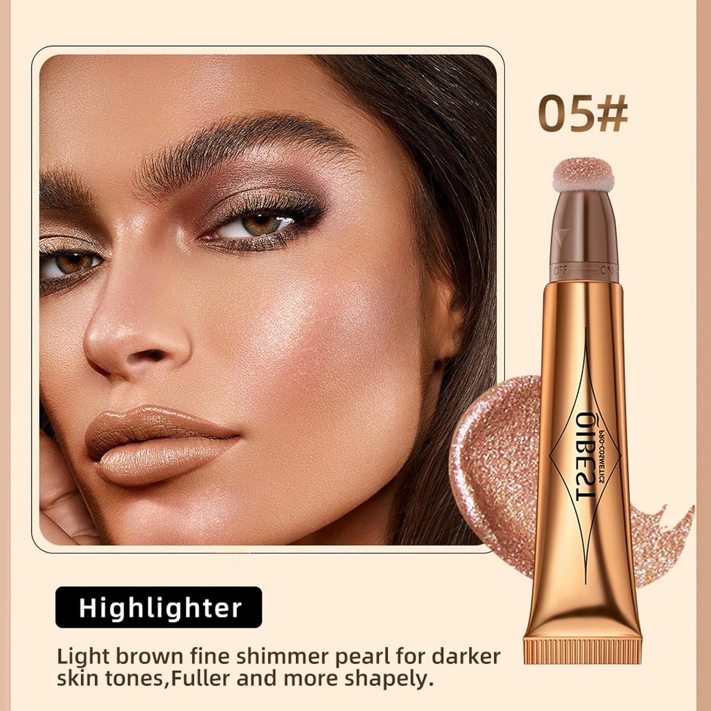 Highlighter Beauty Wand, Cream Liquid Highlighter Makeup Stick, Silky Smooth Face Shimmer Bronzer Stick with Cushion Applicator, Lightweight Body Face Glowing Highlighter, Cruelty-free（Rose Gold）