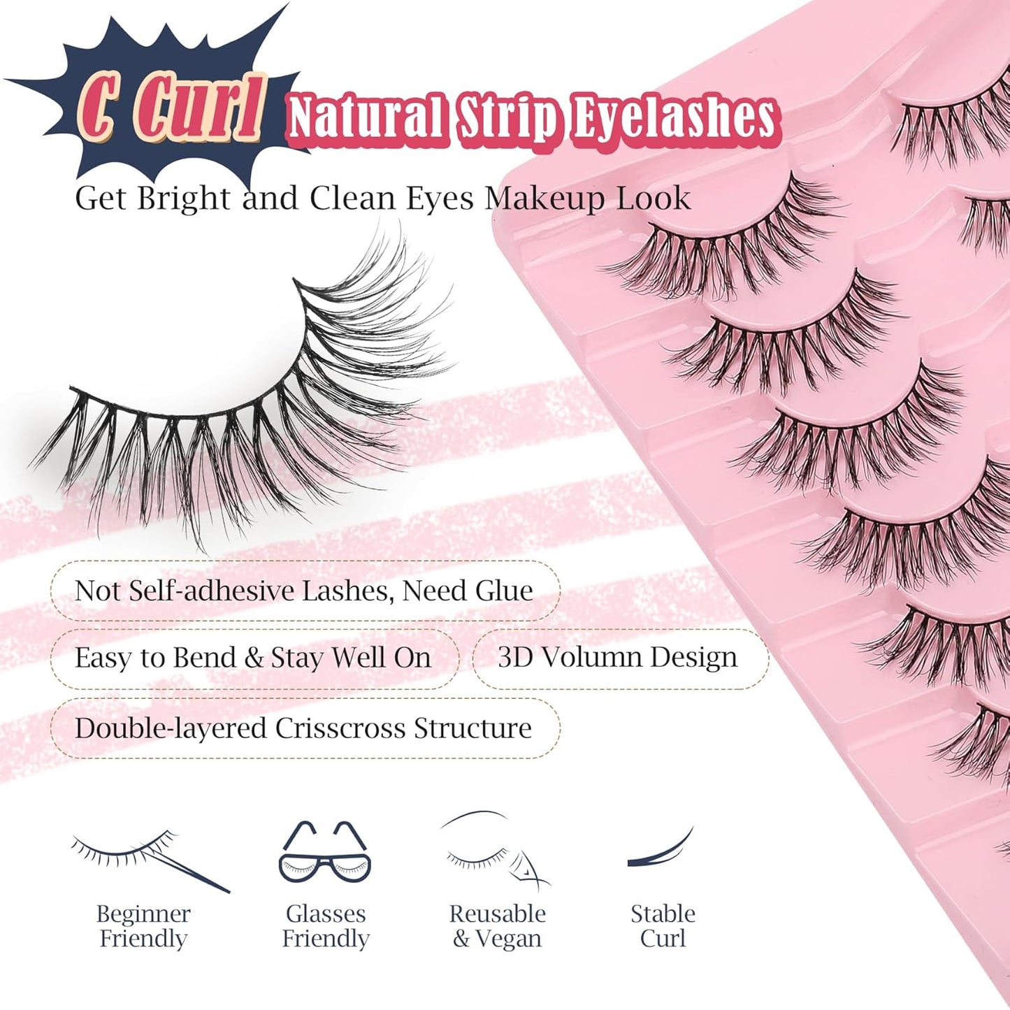 Eyelashes Natural Cat Eye Lashes Wispy C Curl 16mm Strip Lash False Eyelashes Fluffy Eye Lashes 3D Volume Wispy Eyelash Siligli 7 Pair