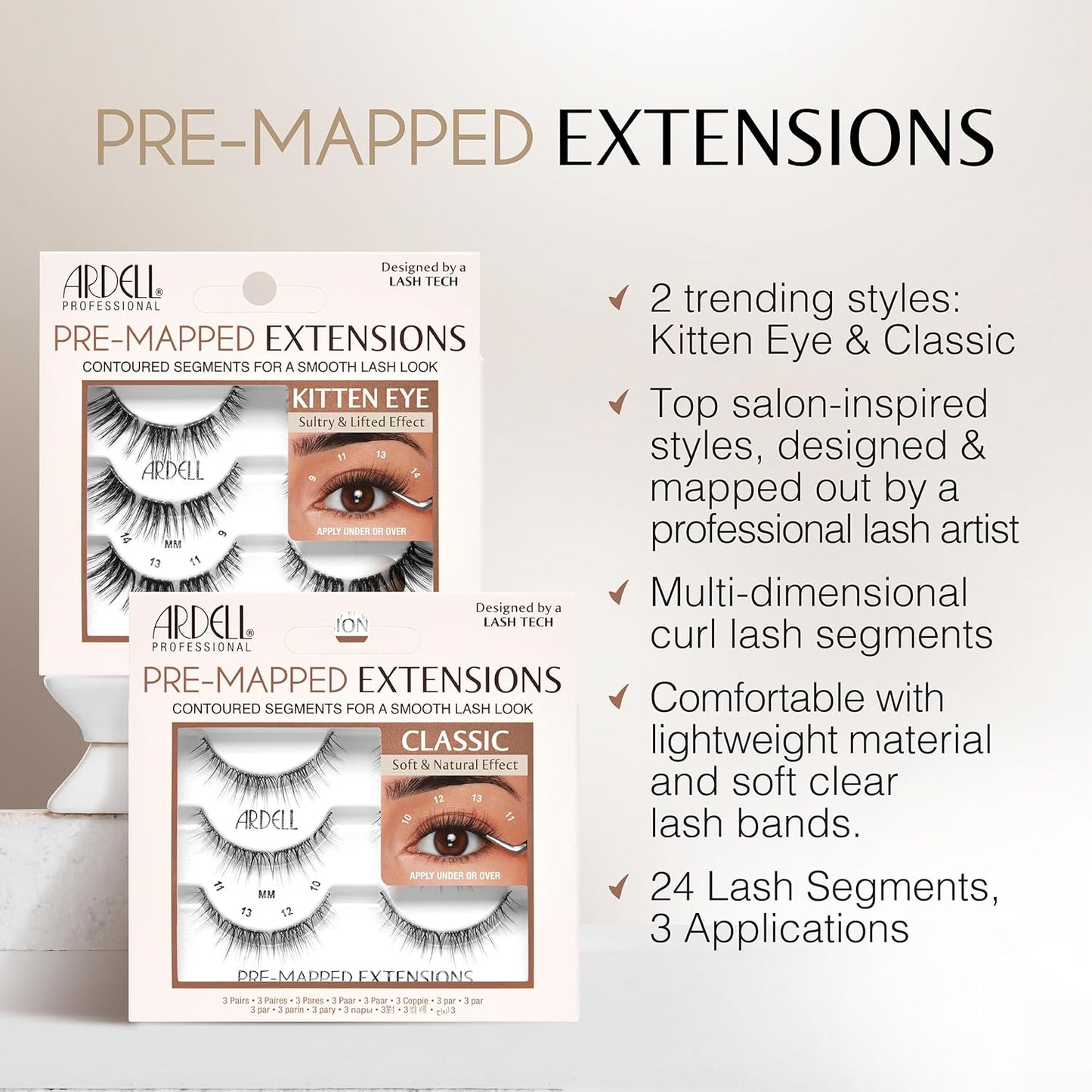 Ardell Pre-Mapped Eyelash Extensions Kit - False Lashes Wispy, Reusable Segmented Lash Strips, Long-Lasting with Lash Glue and Remover, 4 pack