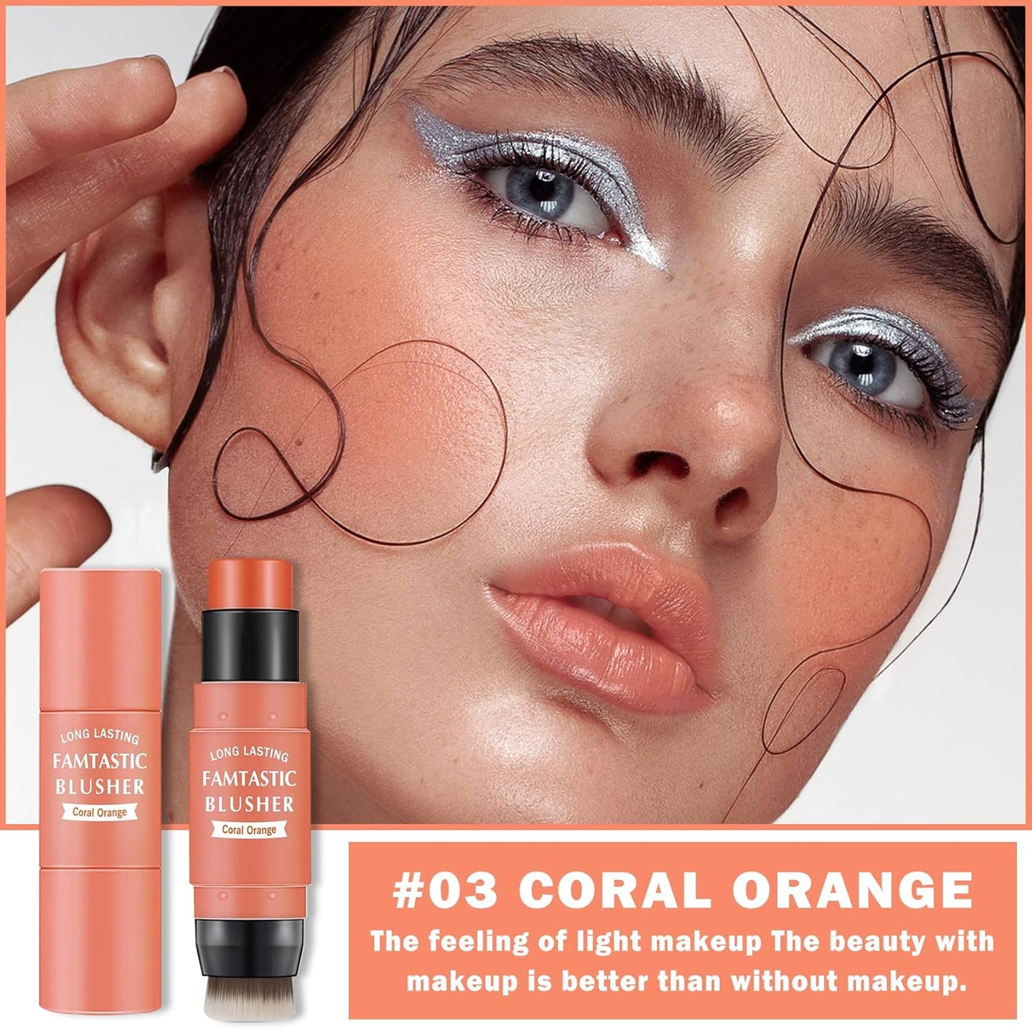 Cream Blush Stick with Brush,Waterproof Blush Makeup,Long Lasting 3 In 1 Cheek Blush & Lip Tint & Eye Shadow Makeup Stick,Easy To Use Blends Effortlessly,Cream Blush Makeup for All Skin Tones - Coral Orange