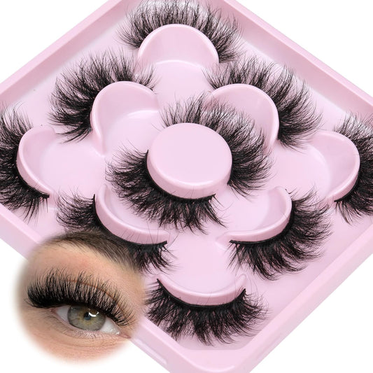 JIMIRE False Eyelashes Volume Natural Look Russian Strip D Curl Lashes Wispy 17MM Cat Eye Lashes Look Like Lash Extensions Mink Fluffy 5 Pairs Pack