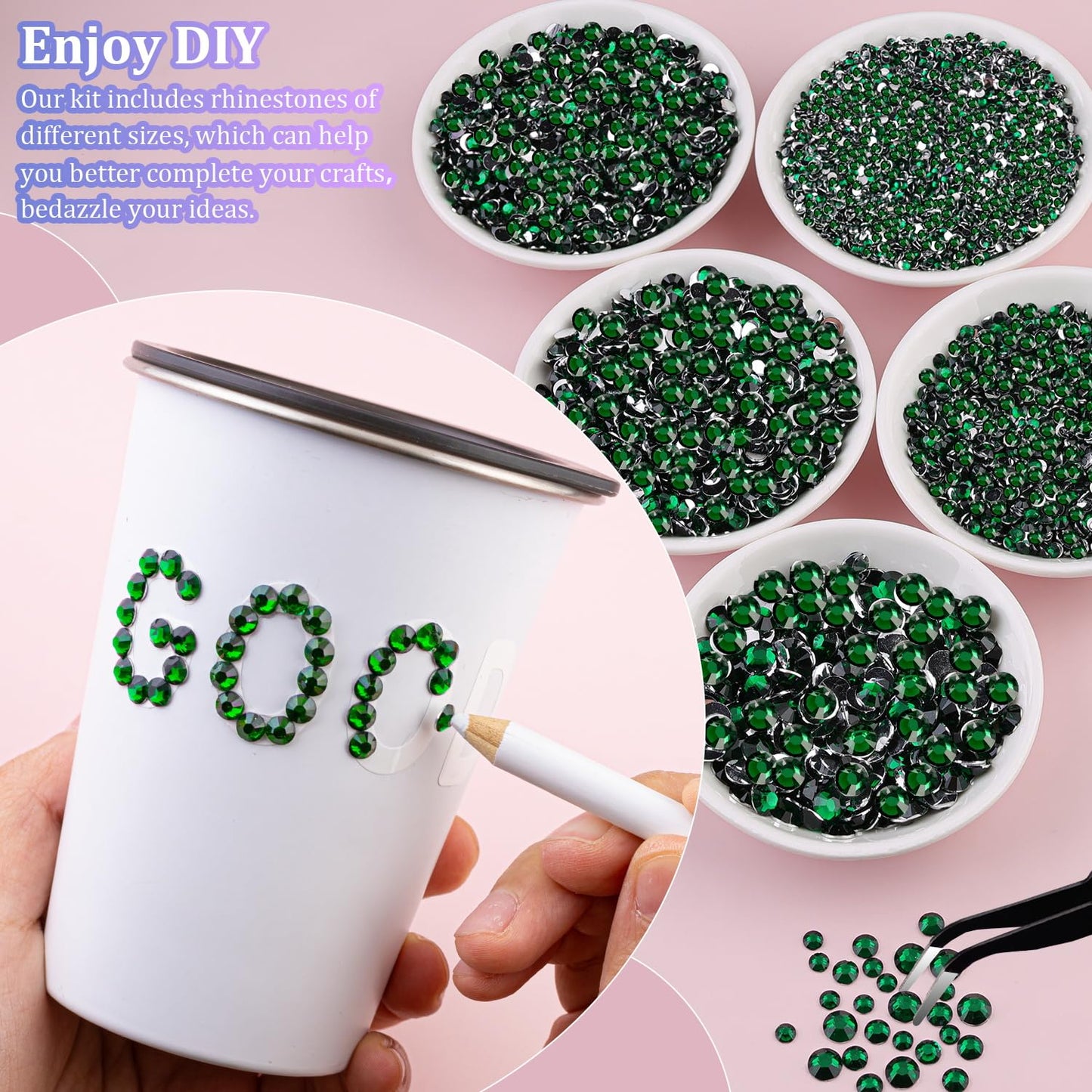 30000Pcs Resin Rhinestones with Tweezers for Crafting, Emerald Green Flatback Gems, Bedazzling Crystal with 3Pcs 10ml B7000 Jewelry Glue for DIY Crafts Clothing Tumblers Shoes Fabric Nail Art