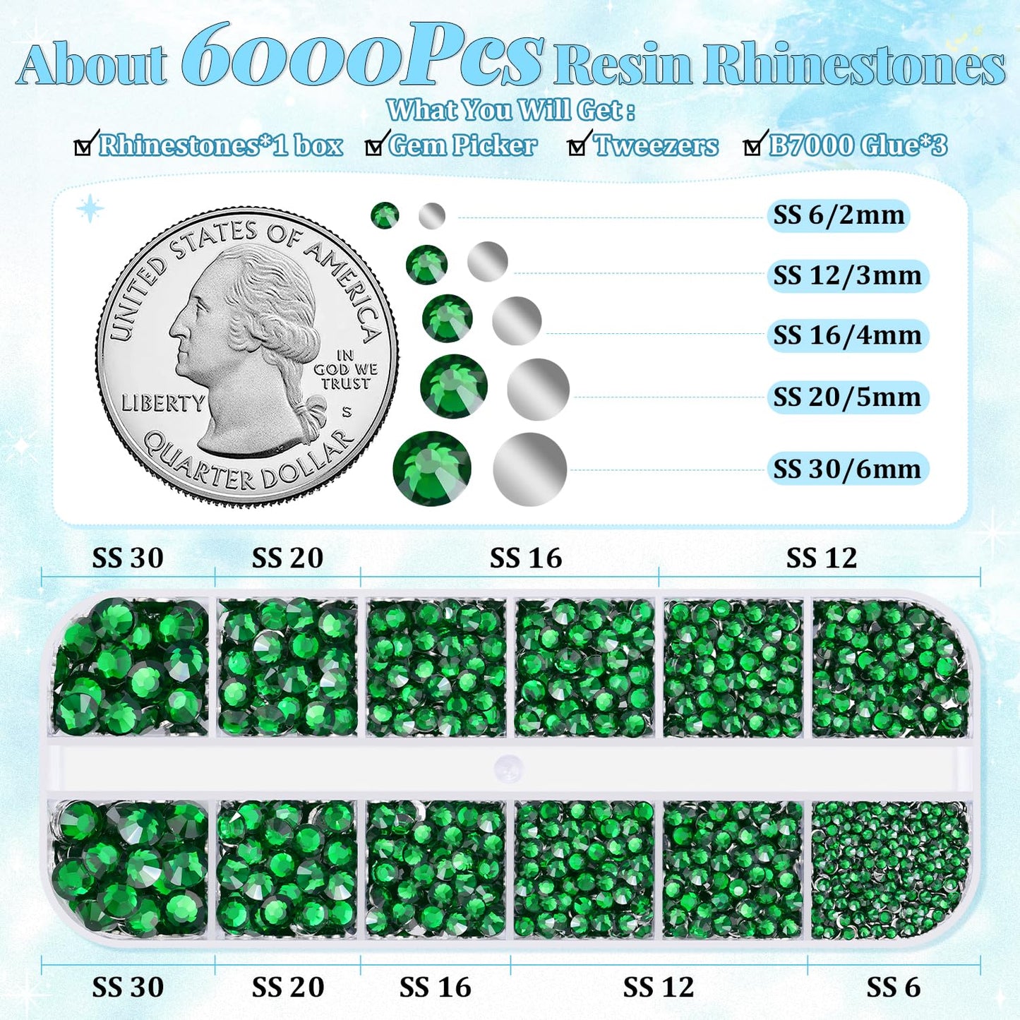 6000Pcs Resin Rhinestones for Bedazzling with 3Pcs B7000 Jewelry Glue, 1 Box Emerald Green Flatback Rhinestones for Crafting Crafts DIY, Crystals Gems for Clothing Shoes Tumblers Nail Art Makeup