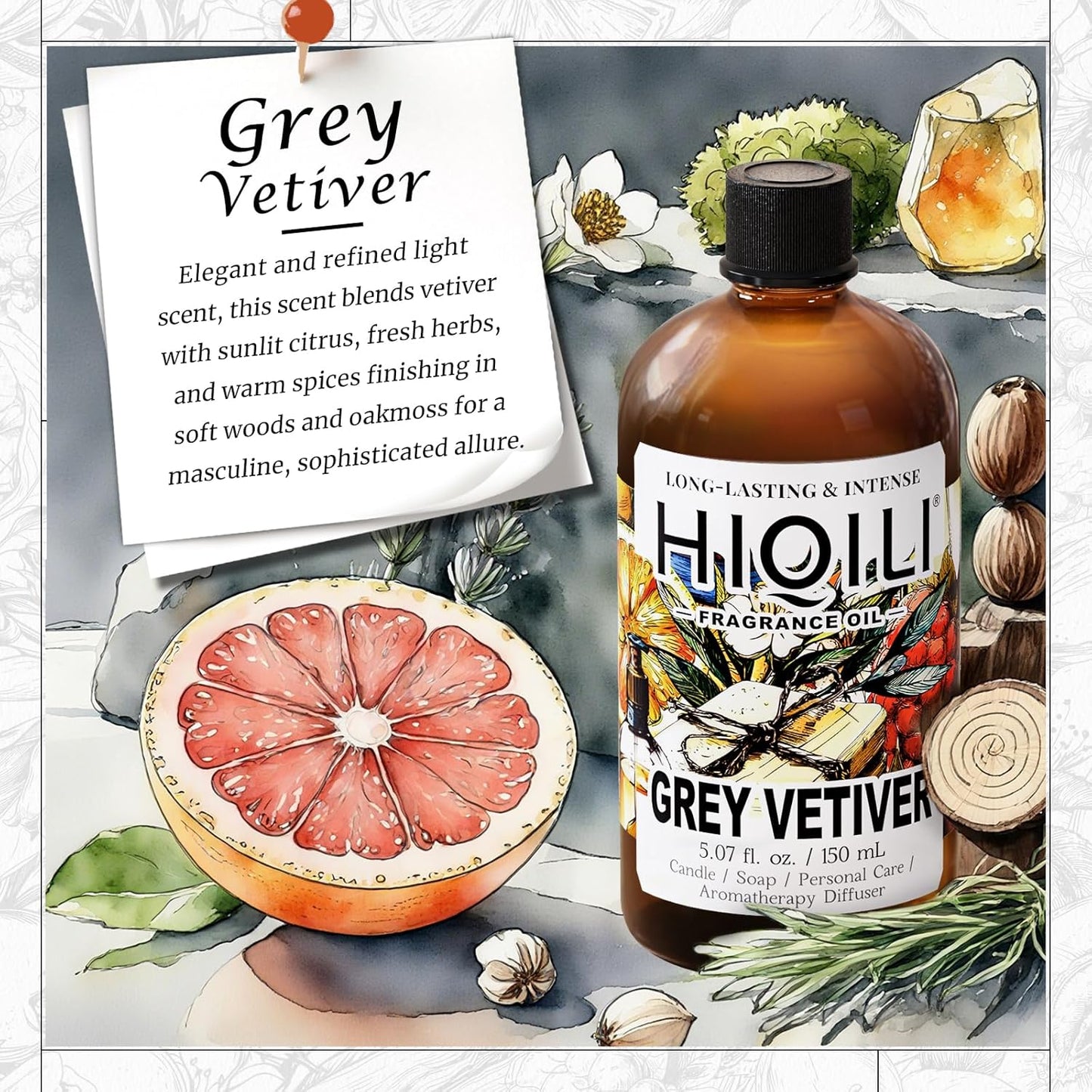HIQILI Grey Vetiver Fragrance Oil - Perfect for DIY Candle, Soap & Air Freshening Spray Making, and Home Essential Oil Diffuser - 5.07 Fl Oz