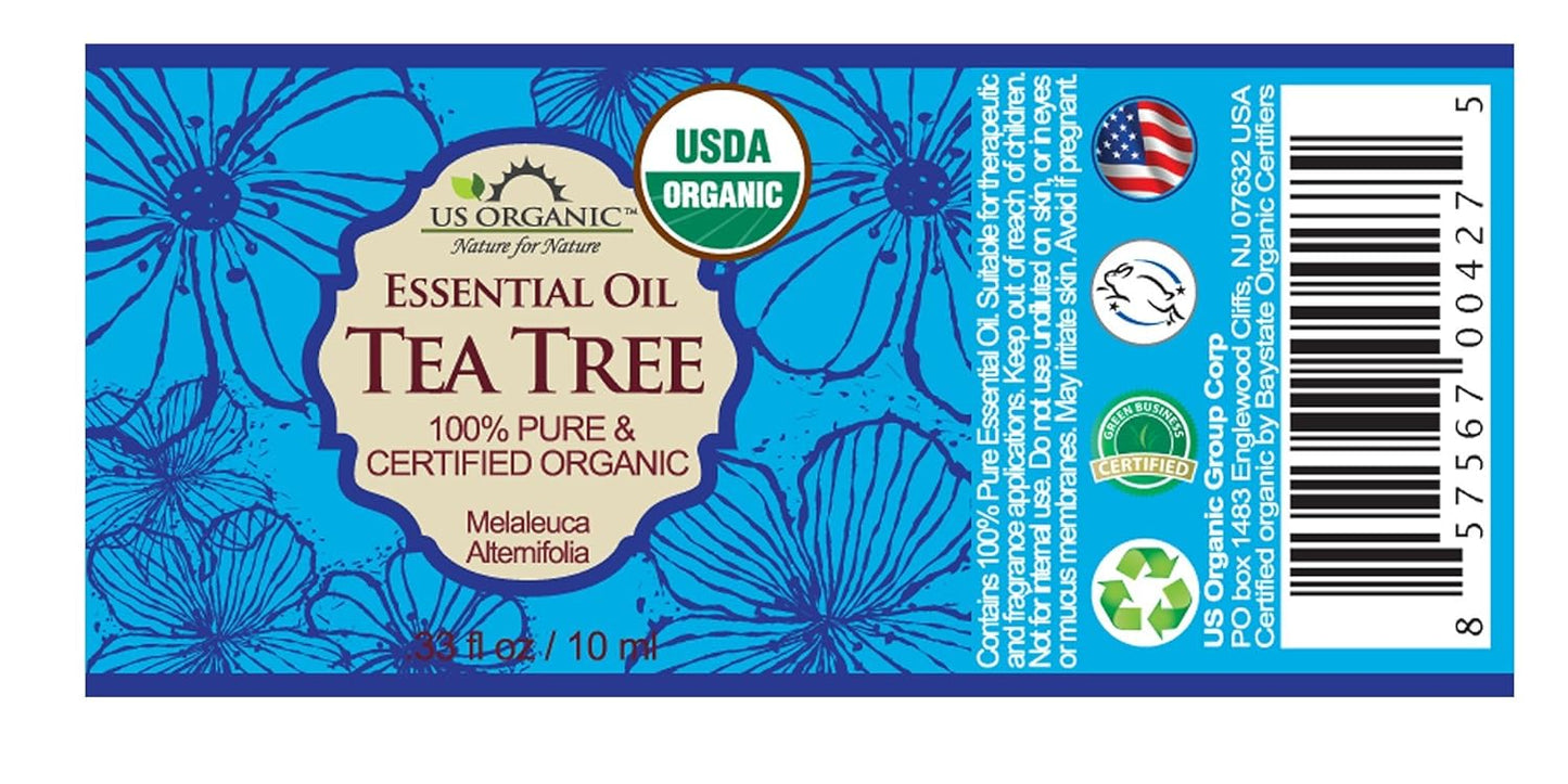 US Organic 100% Pure Tea Tree Essential Oil, Steam Distilled, USDA Certified Organic, for Hair, Skin, Scalp, Foot, Toenails, and More. Sourced from South Africa, Undiluted, Non-GMO (10 ml, 2 Pack)