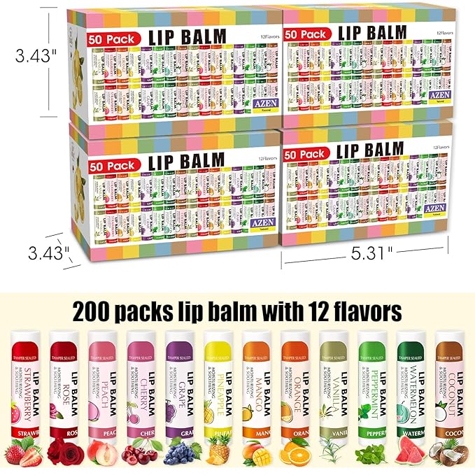 AZEN 200 Pack Lip Balm, Natural Lip Balm Bulk, Lip Care Product, Moisturizing Lip Balm for dry cracked lips - 12 Flavors