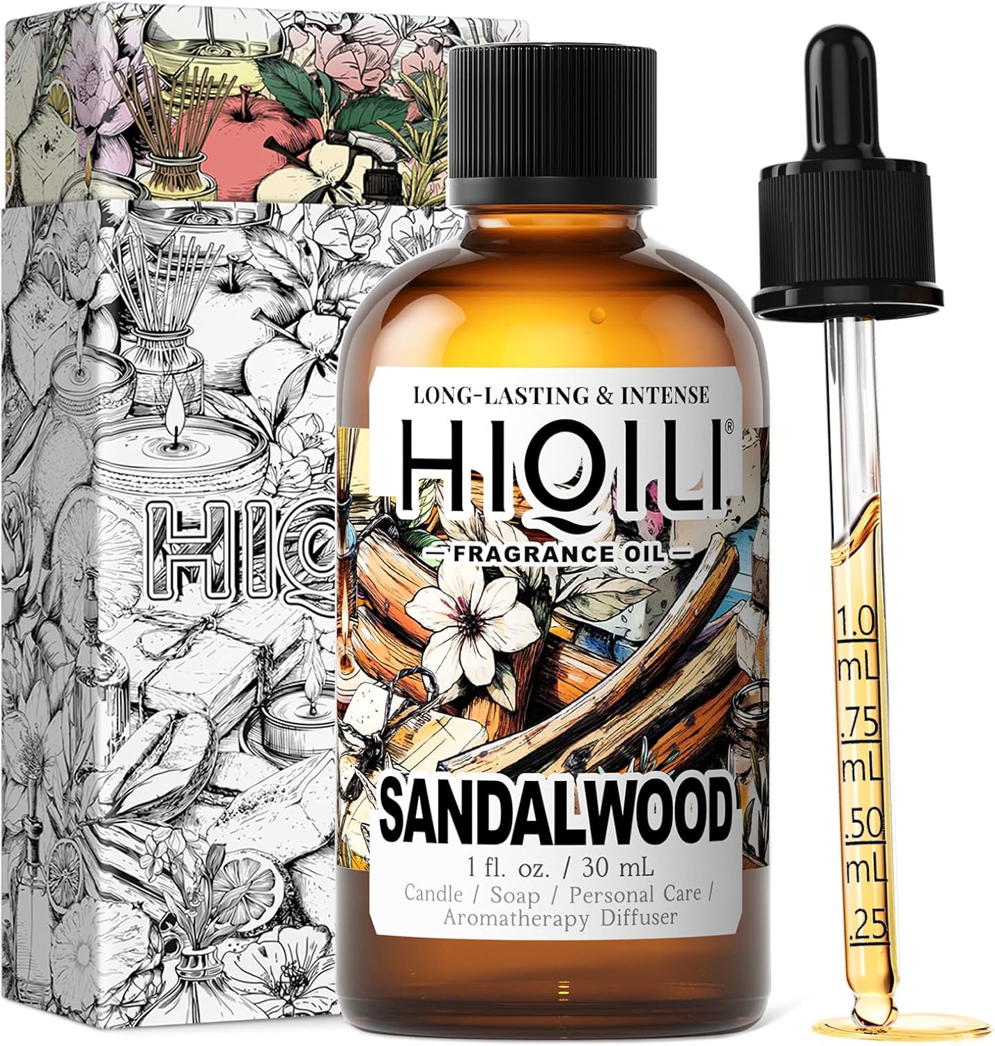 HIQILI Sandalwood Fragrance Oil for Home Diffuser, Luxury Hotel Scent, Perfect for DIY Candle & Soap Making, Add to Body Lotion - 1 Fl Oz