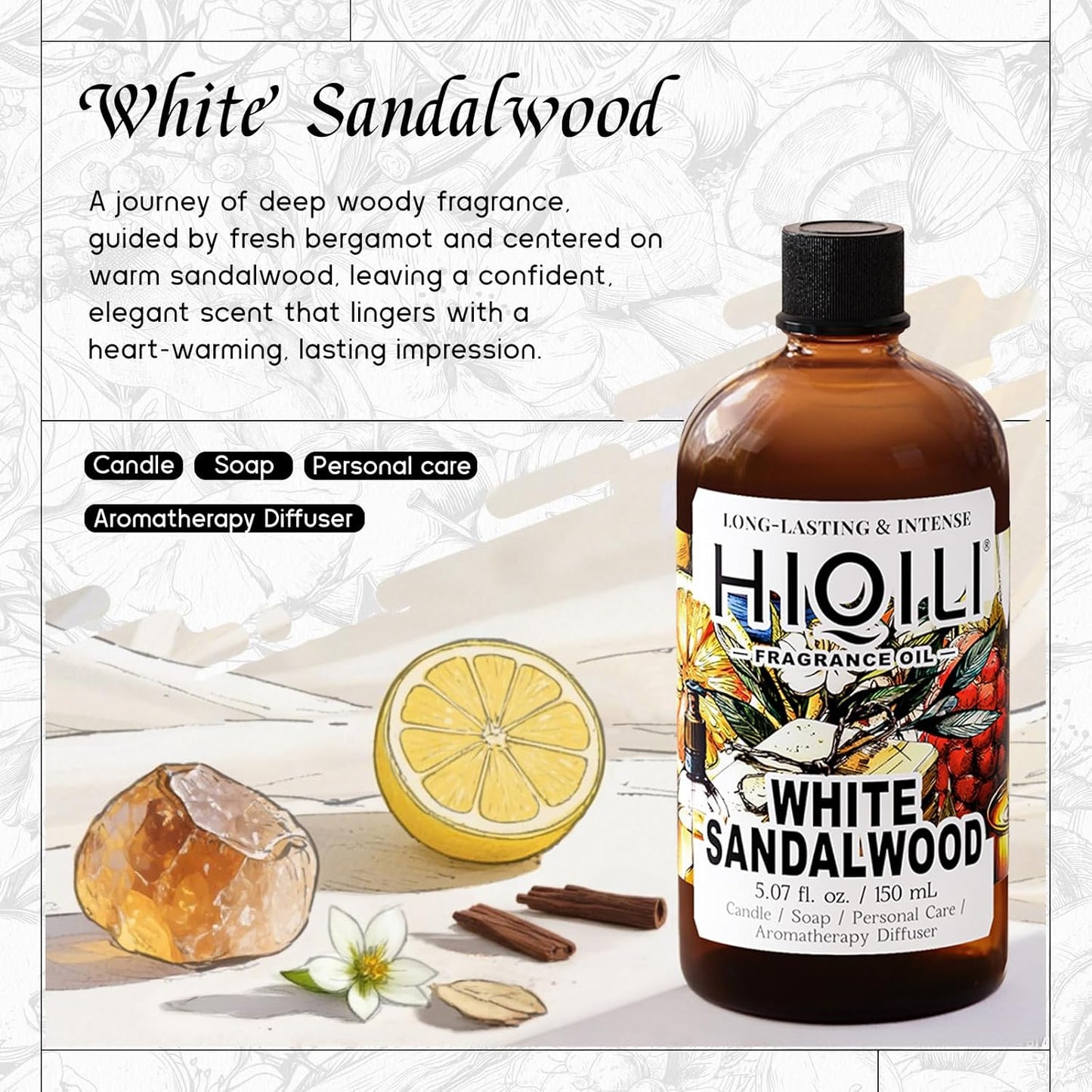 HIQILI White Sandalwood Fragrance Oil for Making Candle, Scented Home Decor, Room Spray, Skin & Body, Essential Oil Diffuser - 5.07 Fl Oz